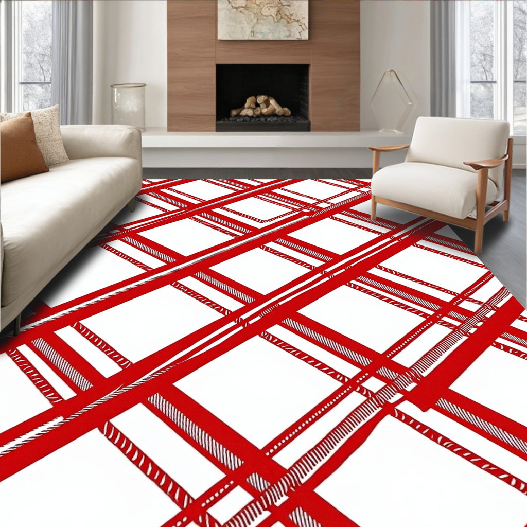 Bold Red White Plaid Intersecting Lines Rug