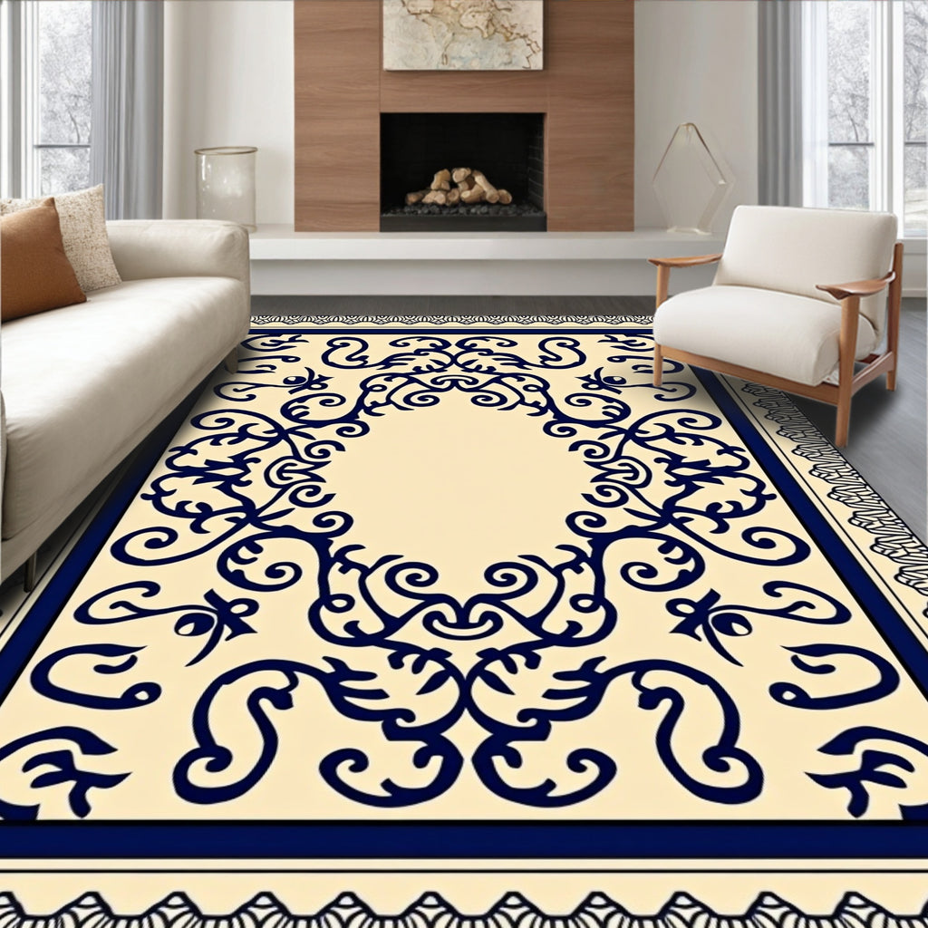 Navy Dark Blue Ornate Floral Medallion Rug