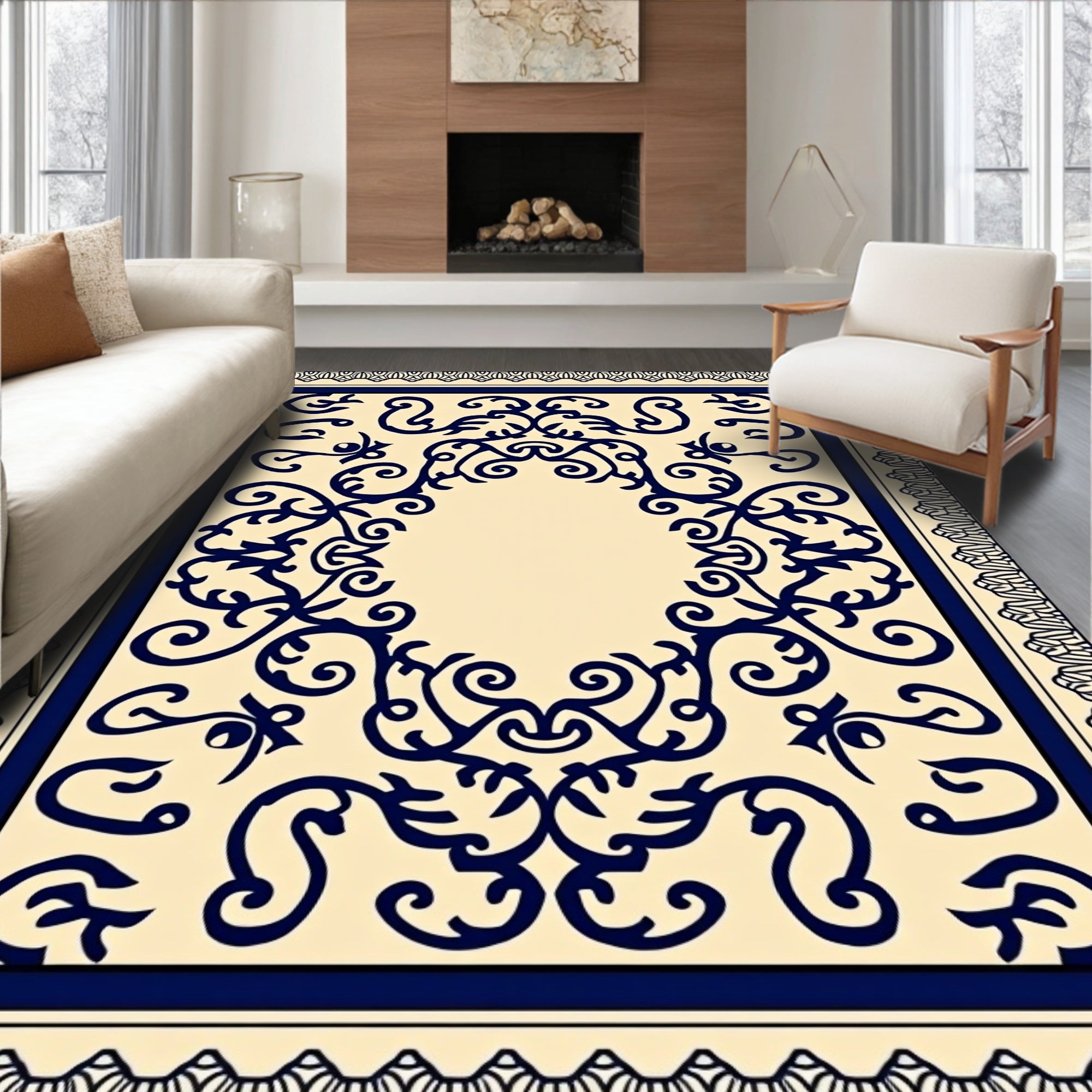 Navy Dark Blue Ornate Floral Medallion Rug