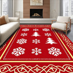Red White Snowflake Christmas Tree Border Rug