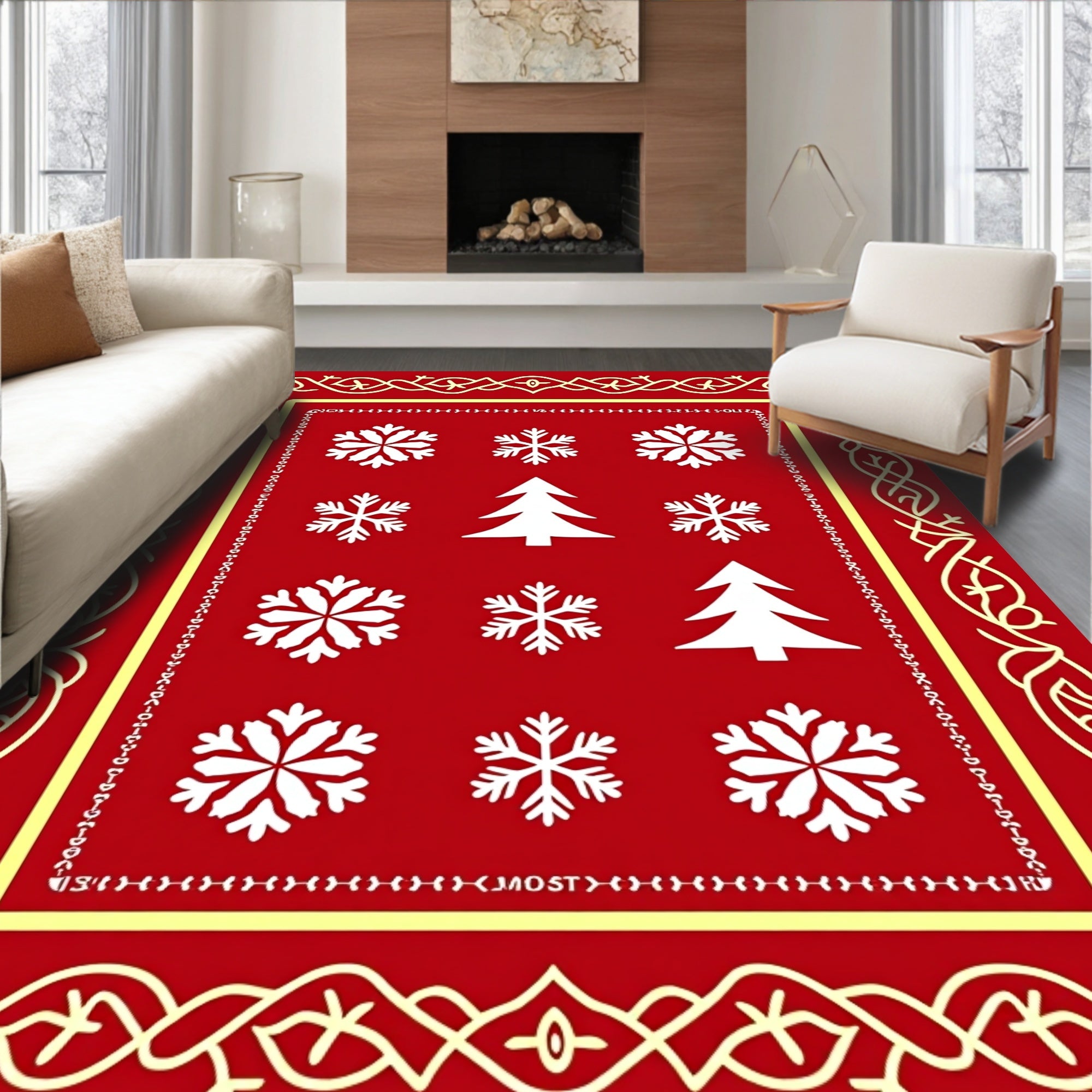 Red White Snowflake Christmas Tree Border Rug
