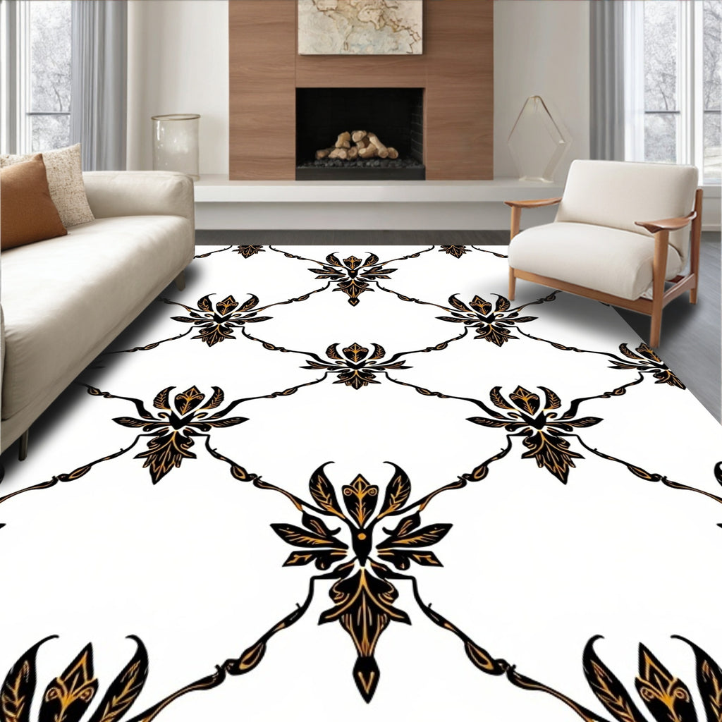 Ornate Black Gold Damask Trellis Rug