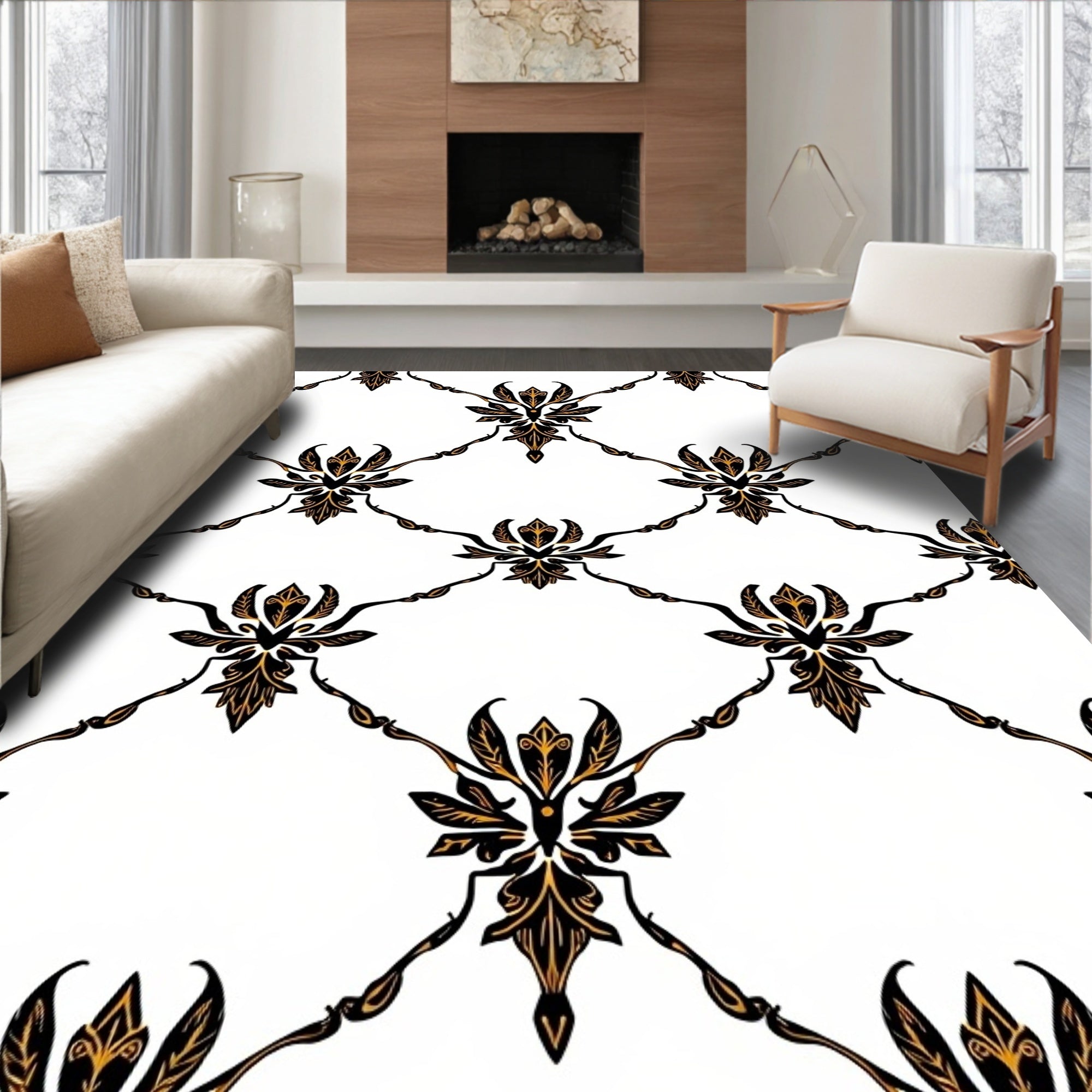 Ornate Black Gold Damask Trellis Rug