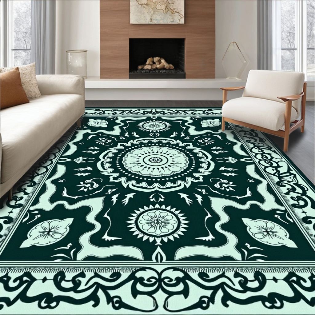 Deep Teal Floral Medallion Garden Rug