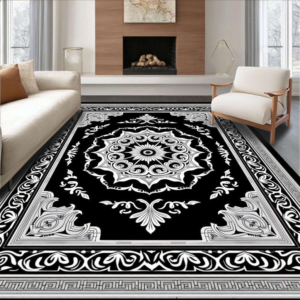 Ornate Black and White Medallion Border Rug