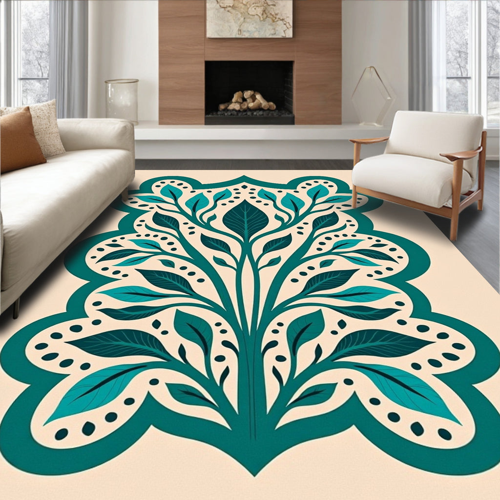 Teal Leafy Tree Fountain Outline Rug