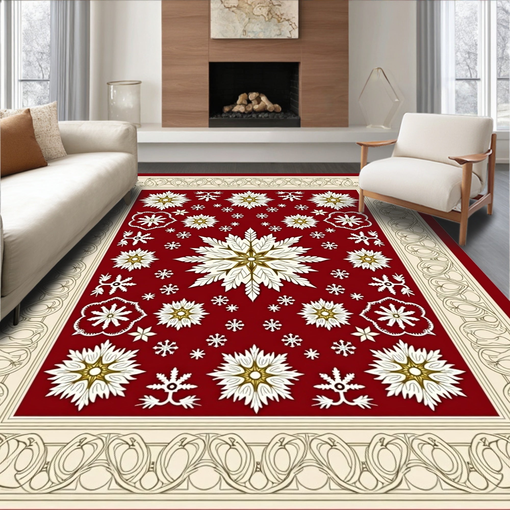 Crimson Snowflake Laurel Border Rug