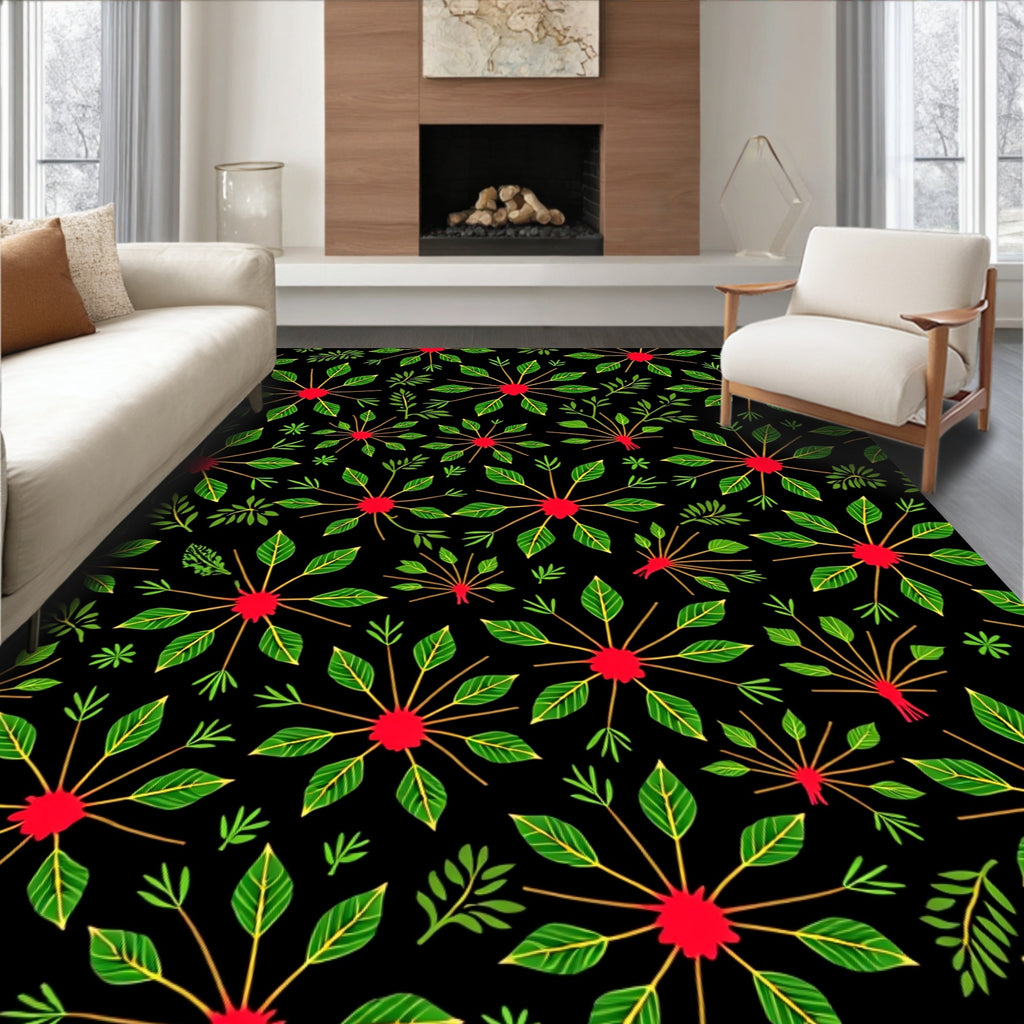 Red Starburst Green Leaf Arrangement Rug