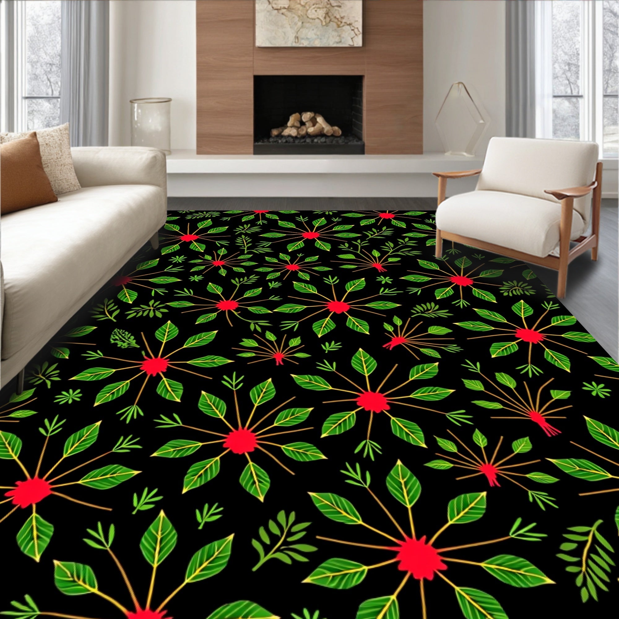 Red Starburst Green Leaf Arrangement Rug