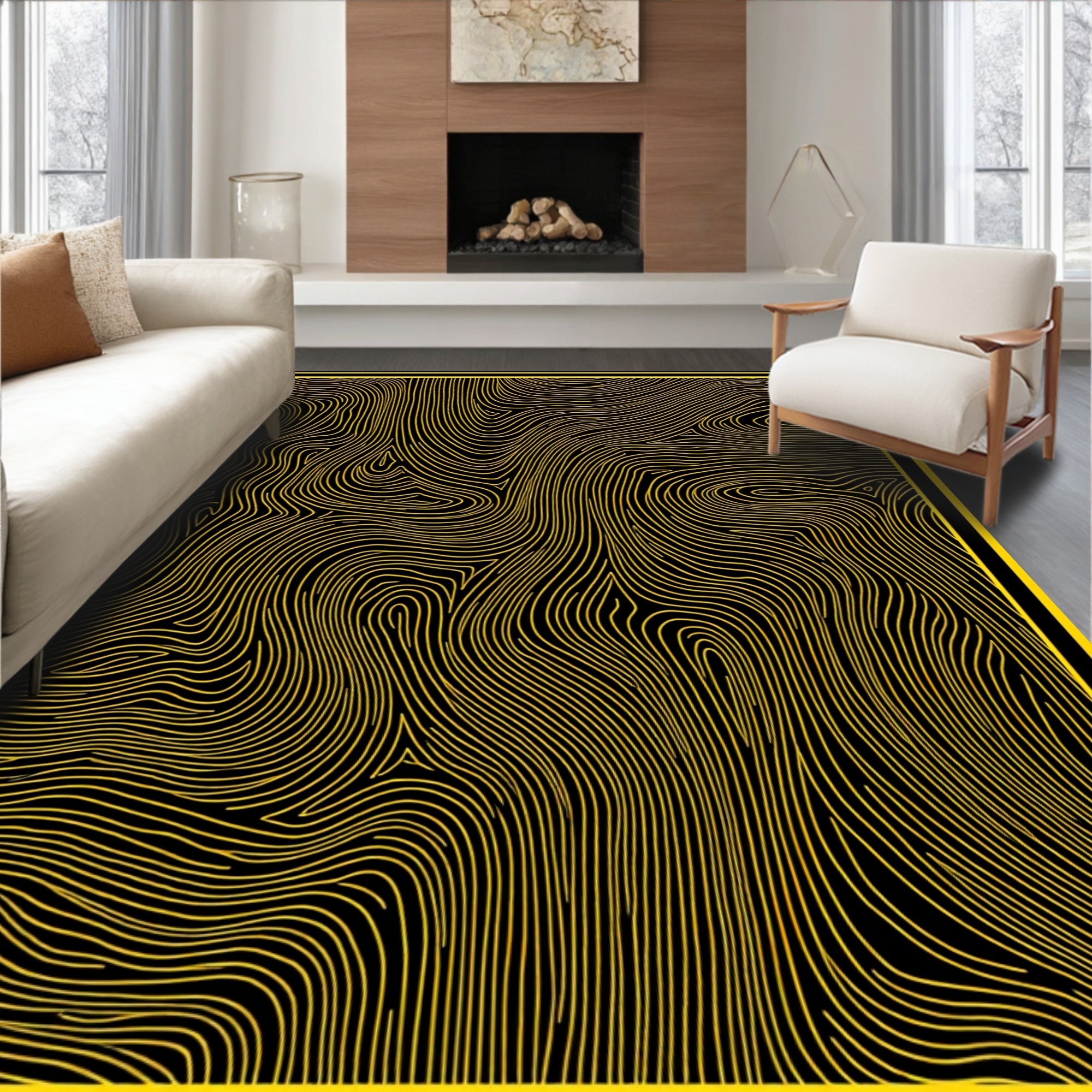 Golden Wavy Lines Abstract Texture Rug
