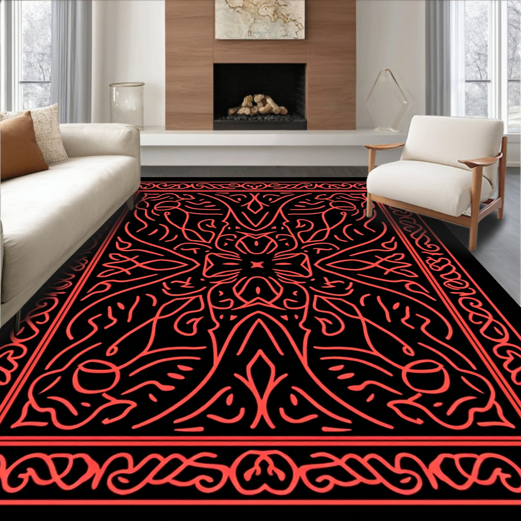 Coral Red Intricate Bordered Scroll Rug