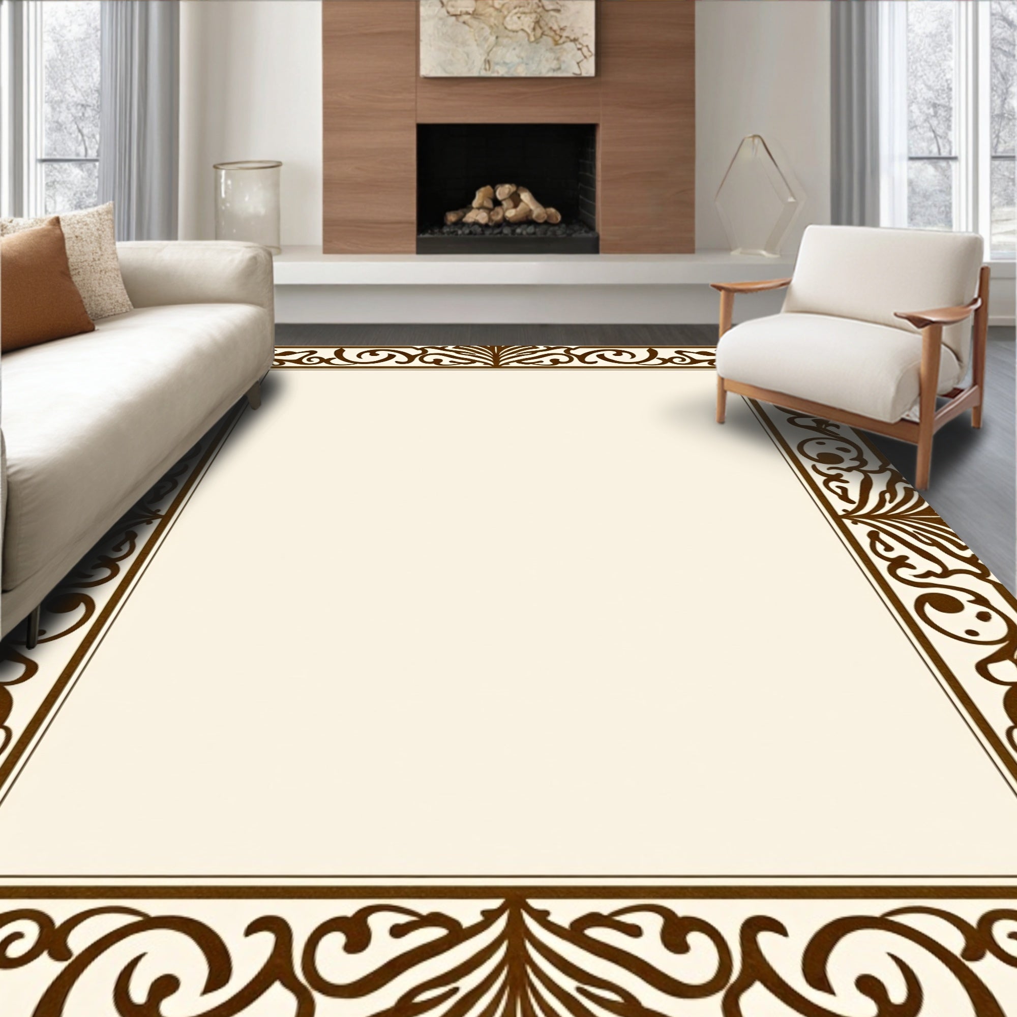 Brown Floral Scroll Frame Rug