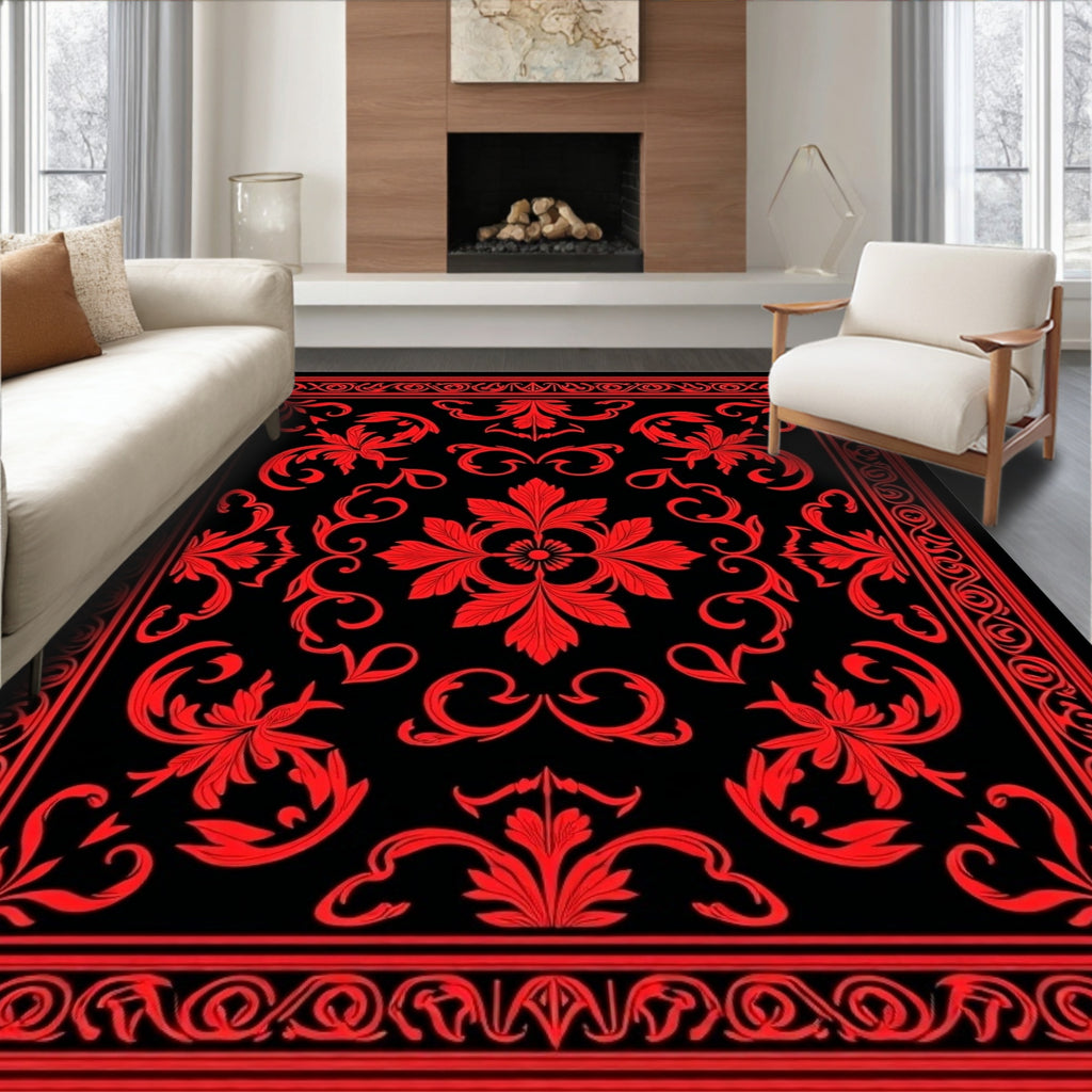 Bold Crimson Damask Floral Rug