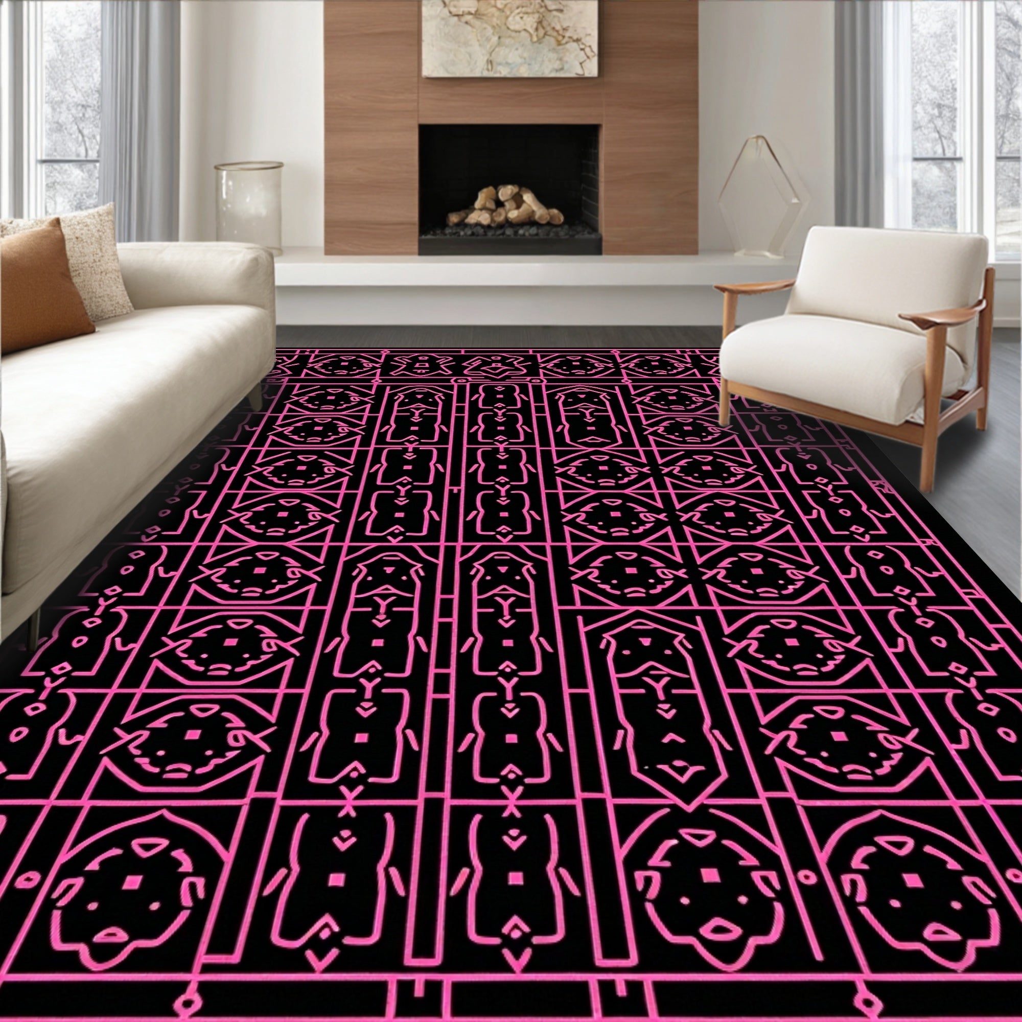 Pink Geometric Tribal Figure Medallion Rug