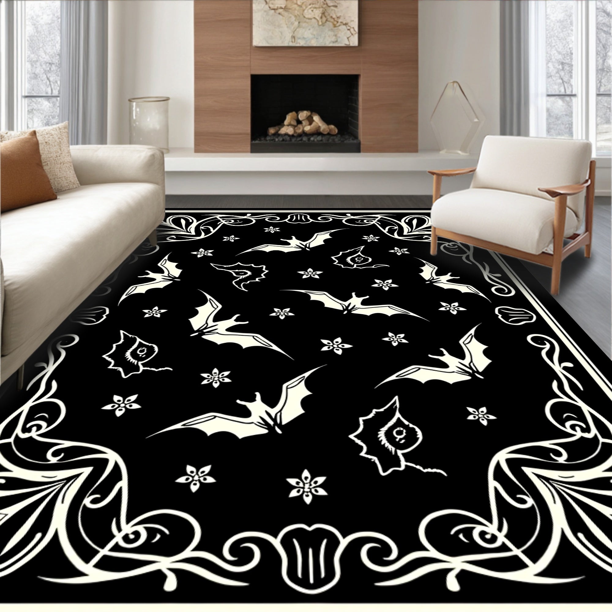 Black Cream Flying Bats Floral Frame Rug