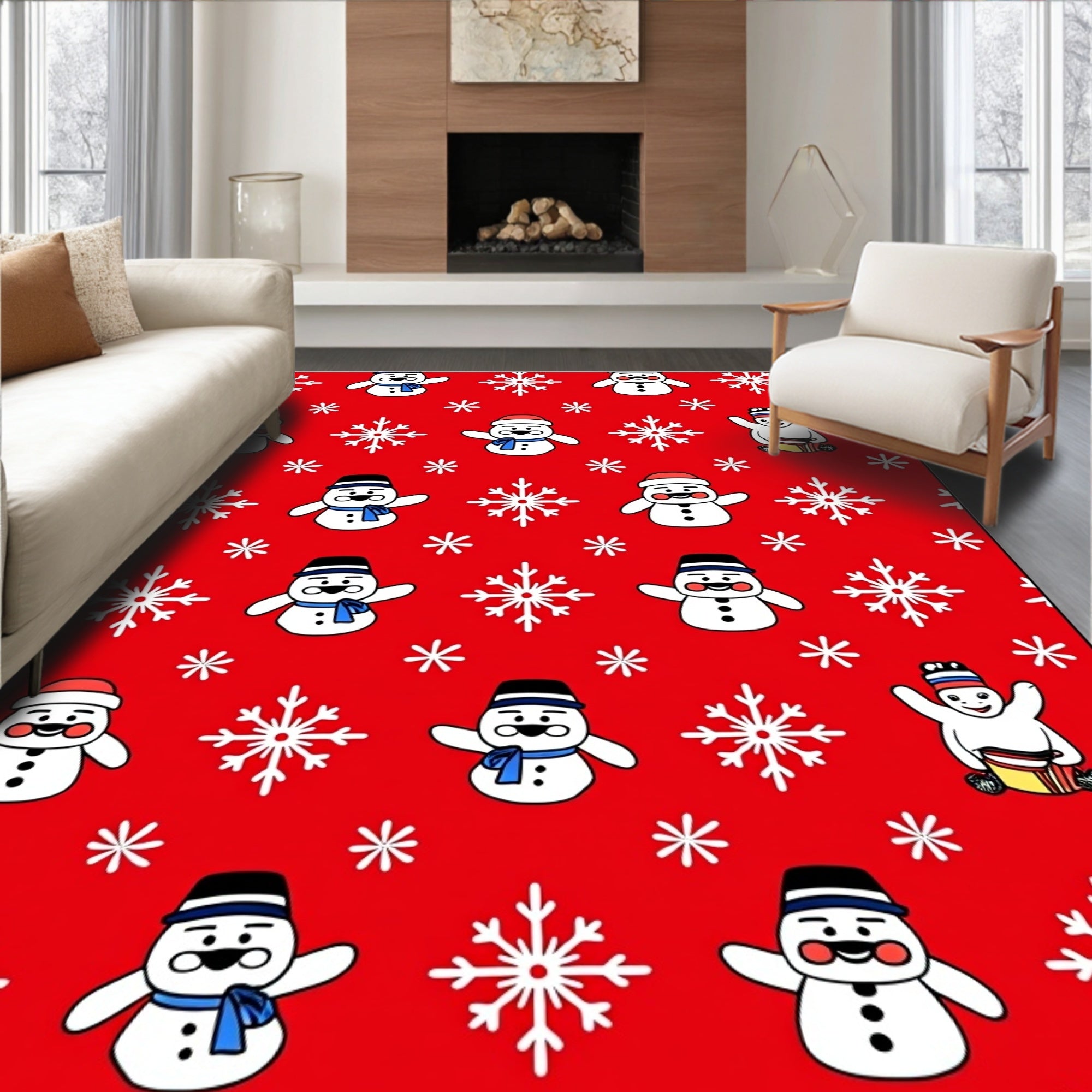 Festive Snowman Snowflake Red Christmas Rug