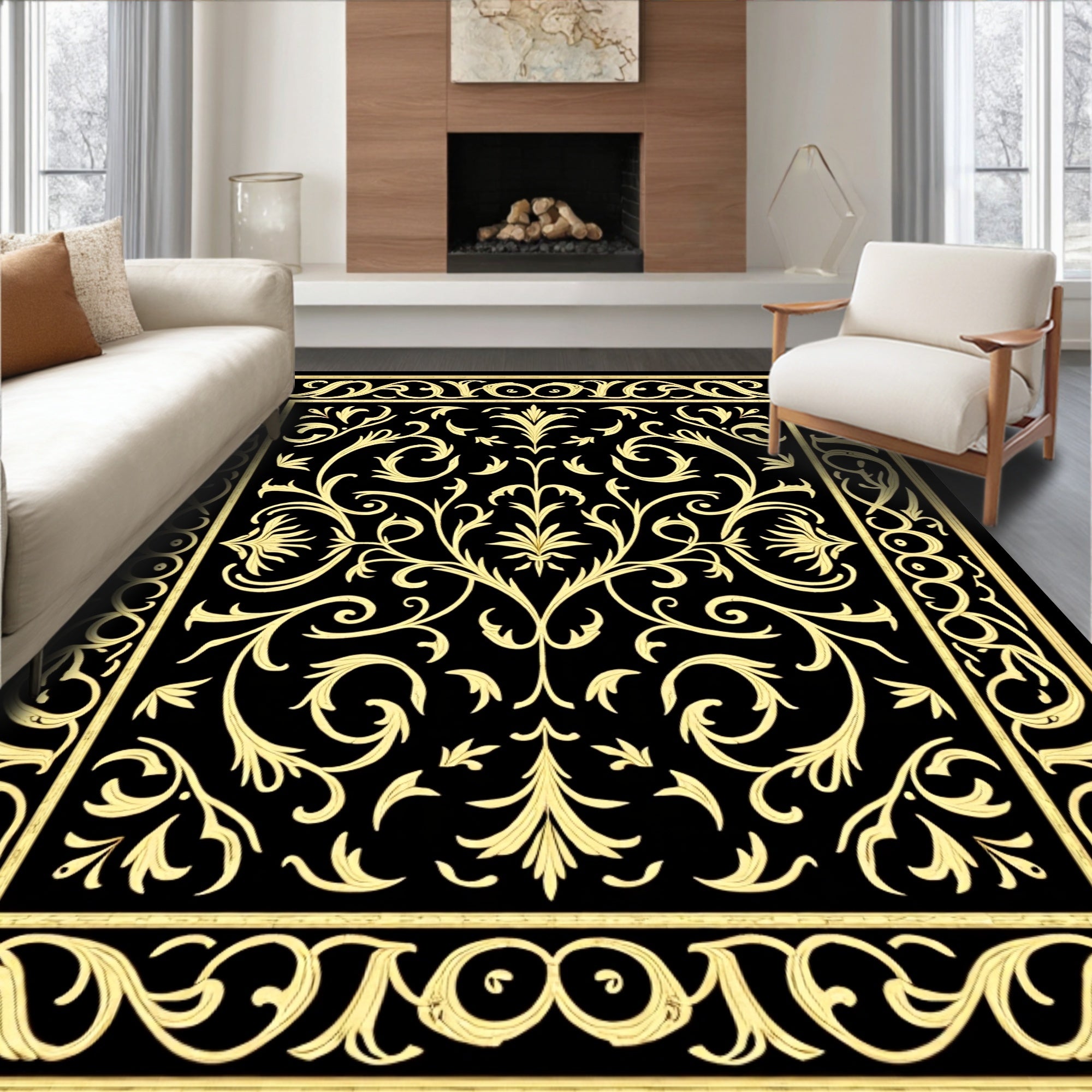 Black Gold Elaborate Floral Scroll Rug
