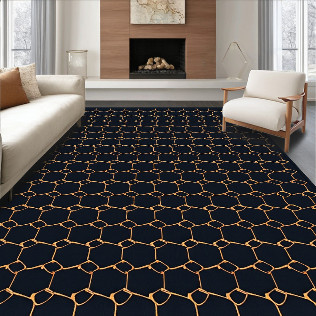 Dark Navy Orange Honeycomb Lattice Rug