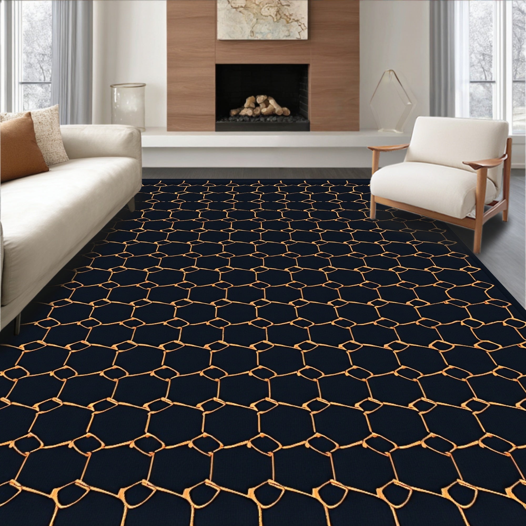 Dark Navy Orange Honeycomb Lattice Rug