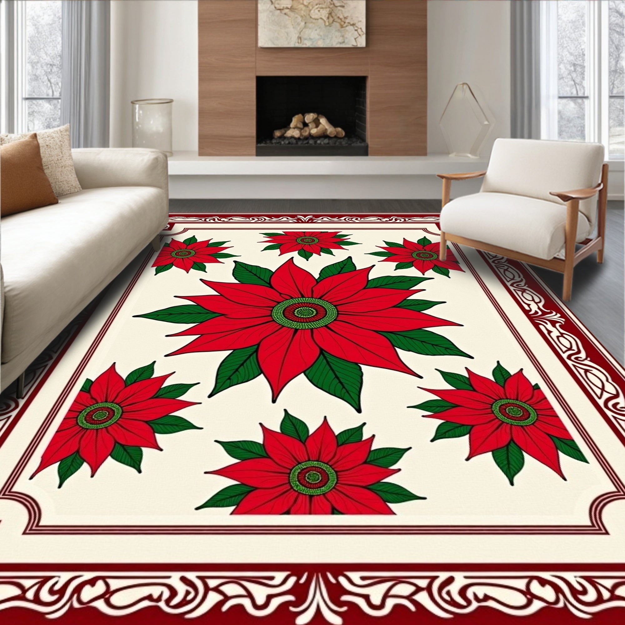 Red Poinsettia Floral Garden Border Rug