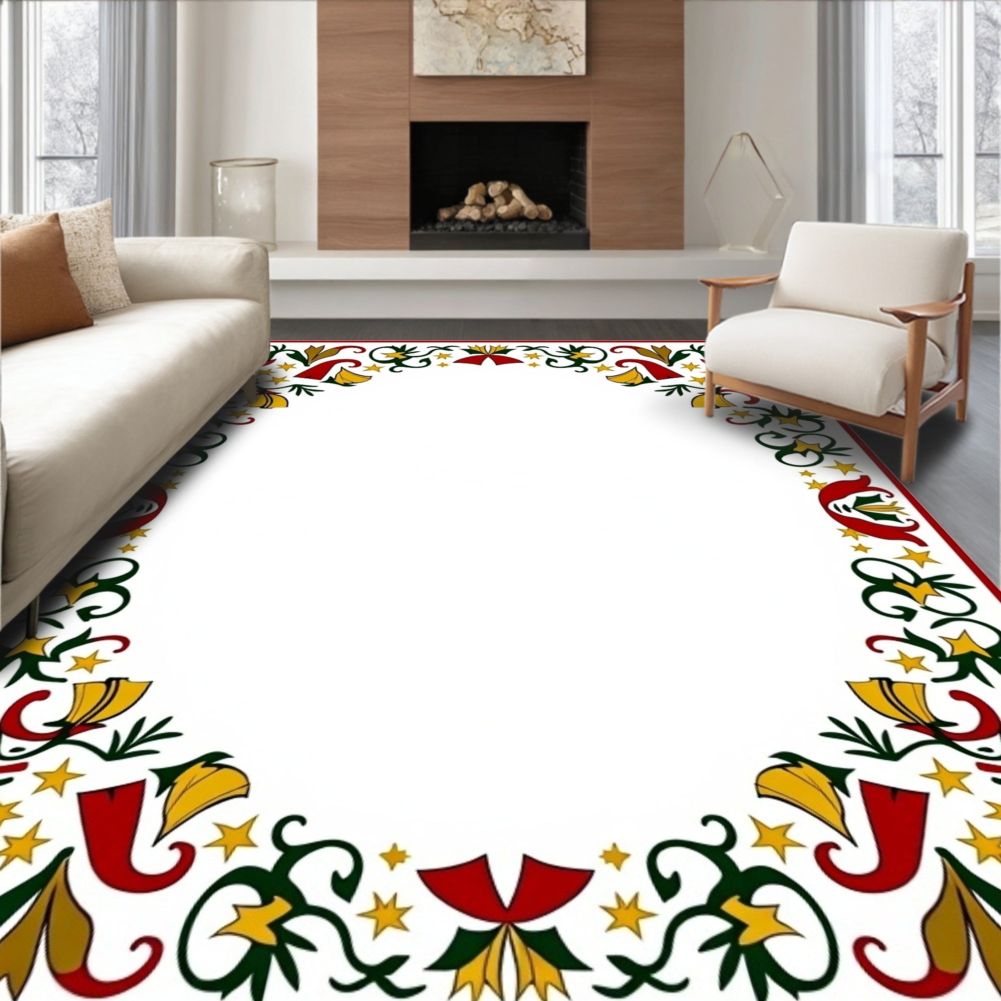 Crimson Green Gold Star Garland Frame Rug
