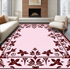 Deep Red Floral Bordered Light Pink Rug