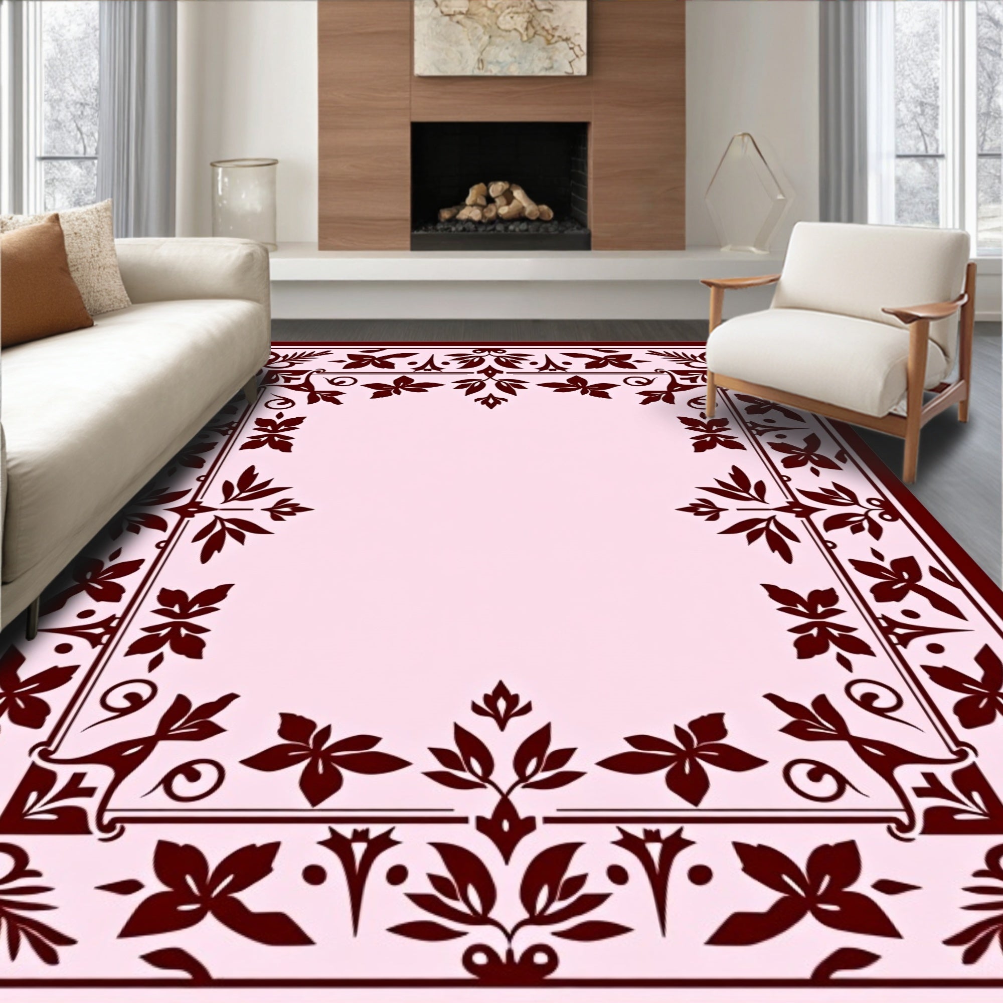 Deep Red Floral Bordered Light Pink Rug