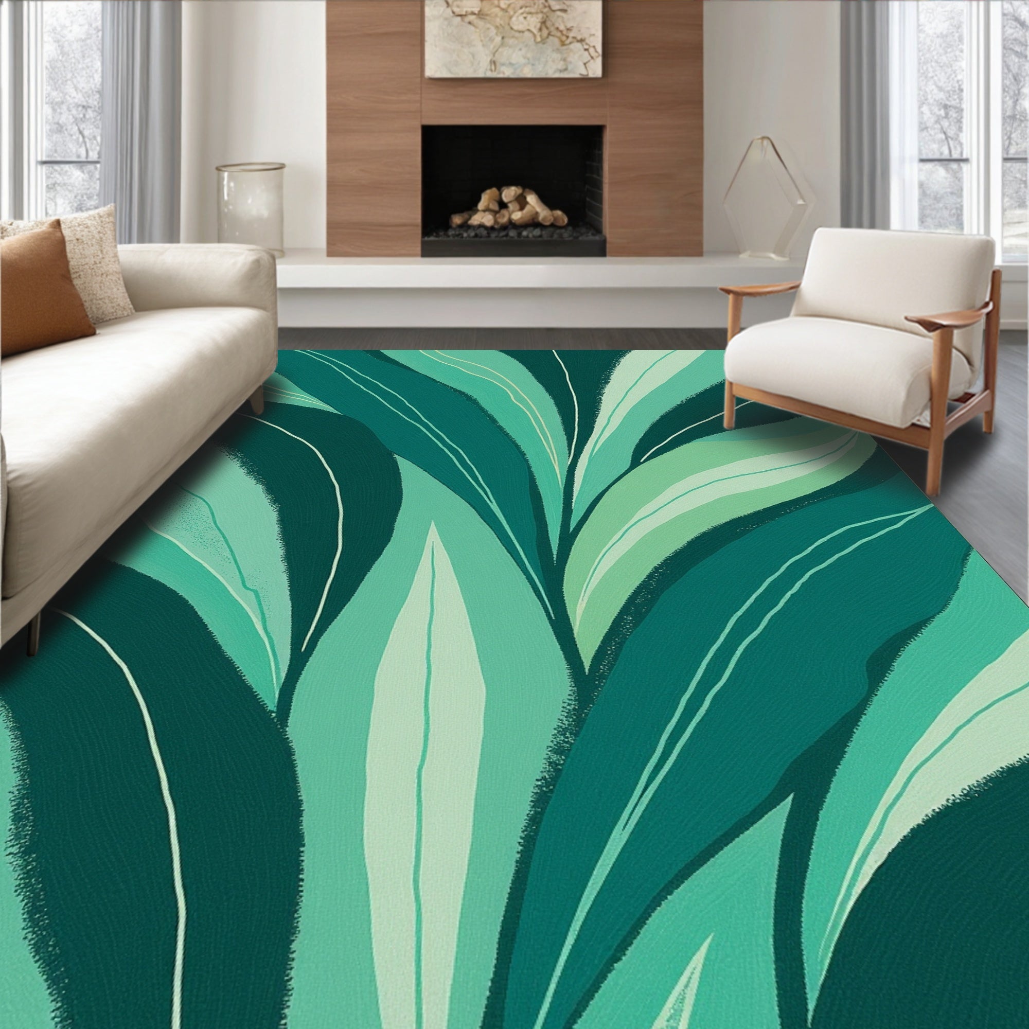 Emerald Green Abstract Tropical Leaves Rug