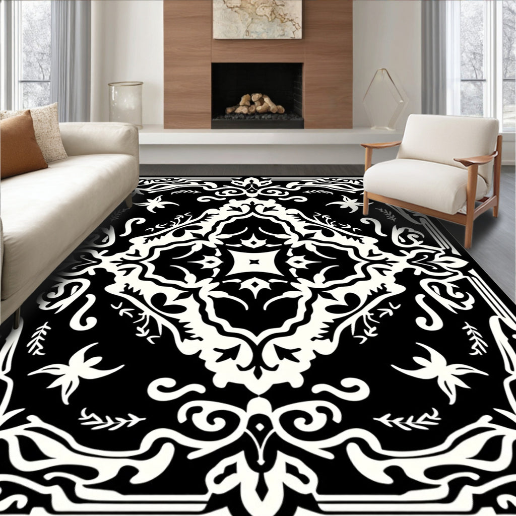 Black and White Ornamental Floral Medallion Rug