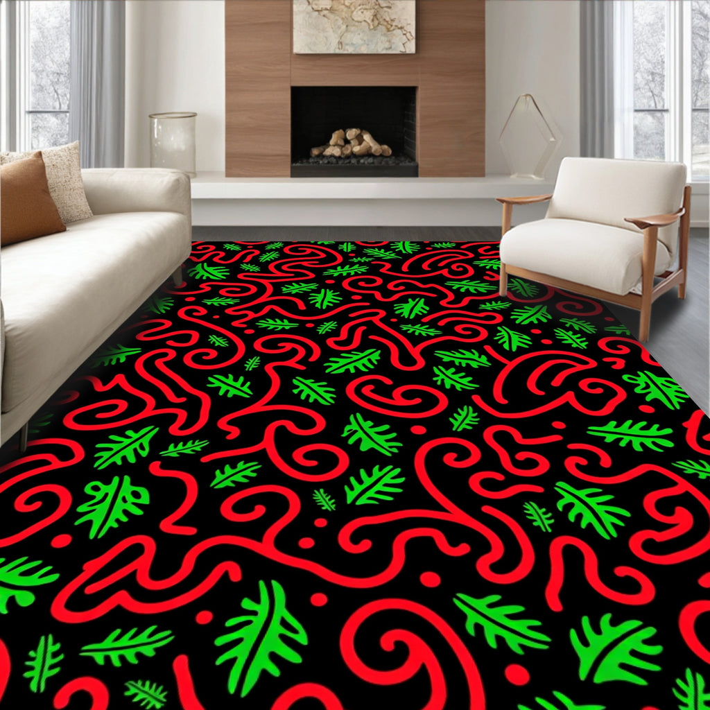 Bold Red Green Abstract Swirls Rug