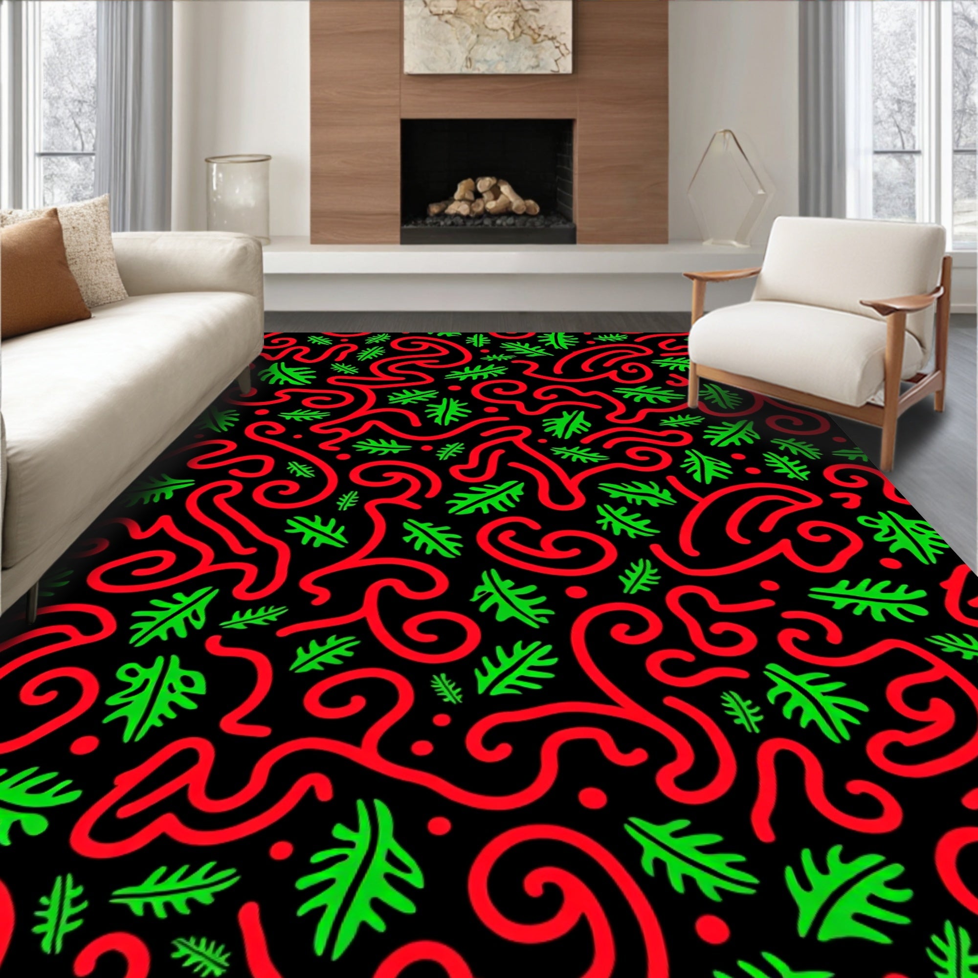 Bold Red Green Abstract Swirls Rug
