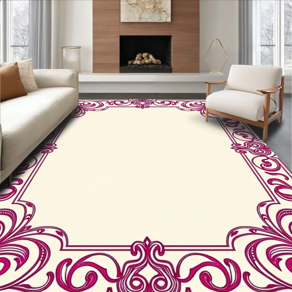 Ornate Magenta Floral Scroll Frame Rug