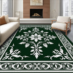Emerald Green White Botanical Medallion Frame Rug