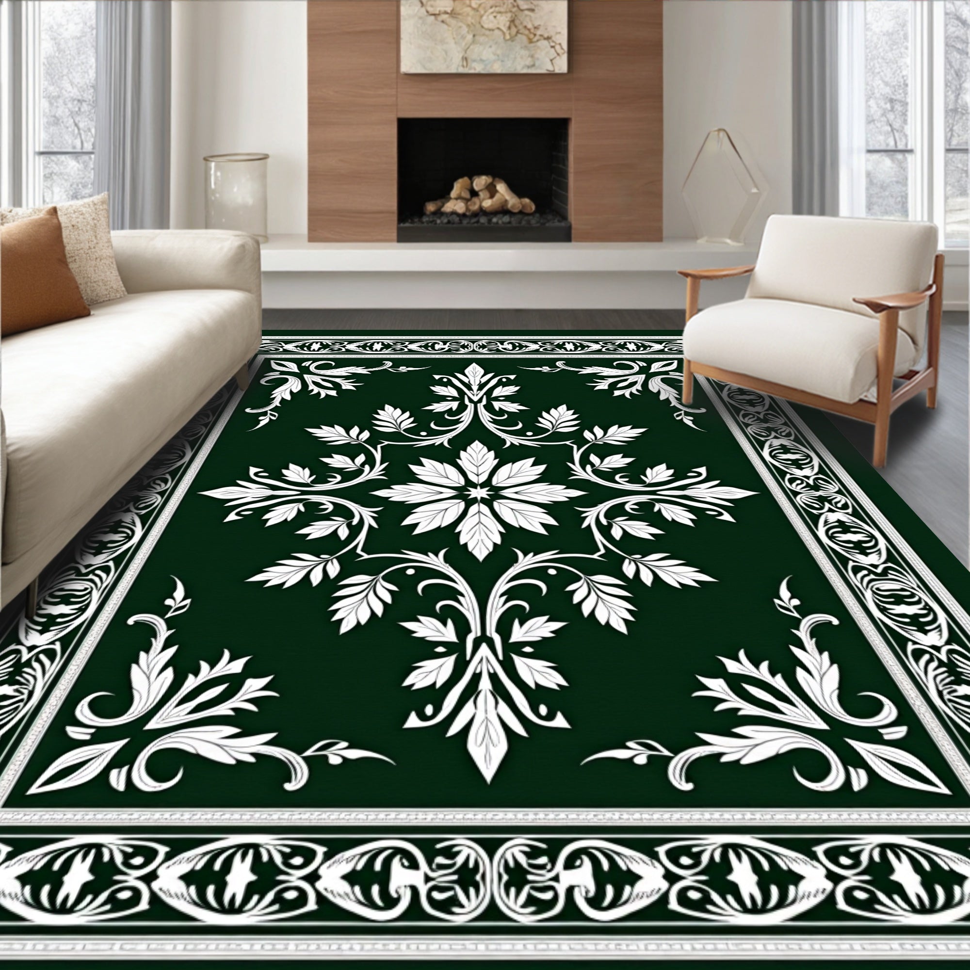 Emerald Green White Botanical Medallion Frame Rug