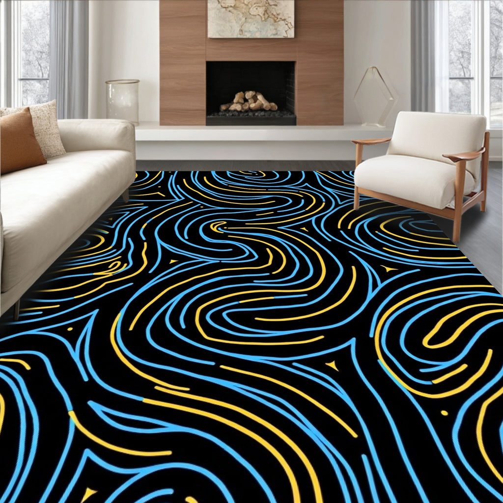 Black Blue Yellow Flowing Lines Rug