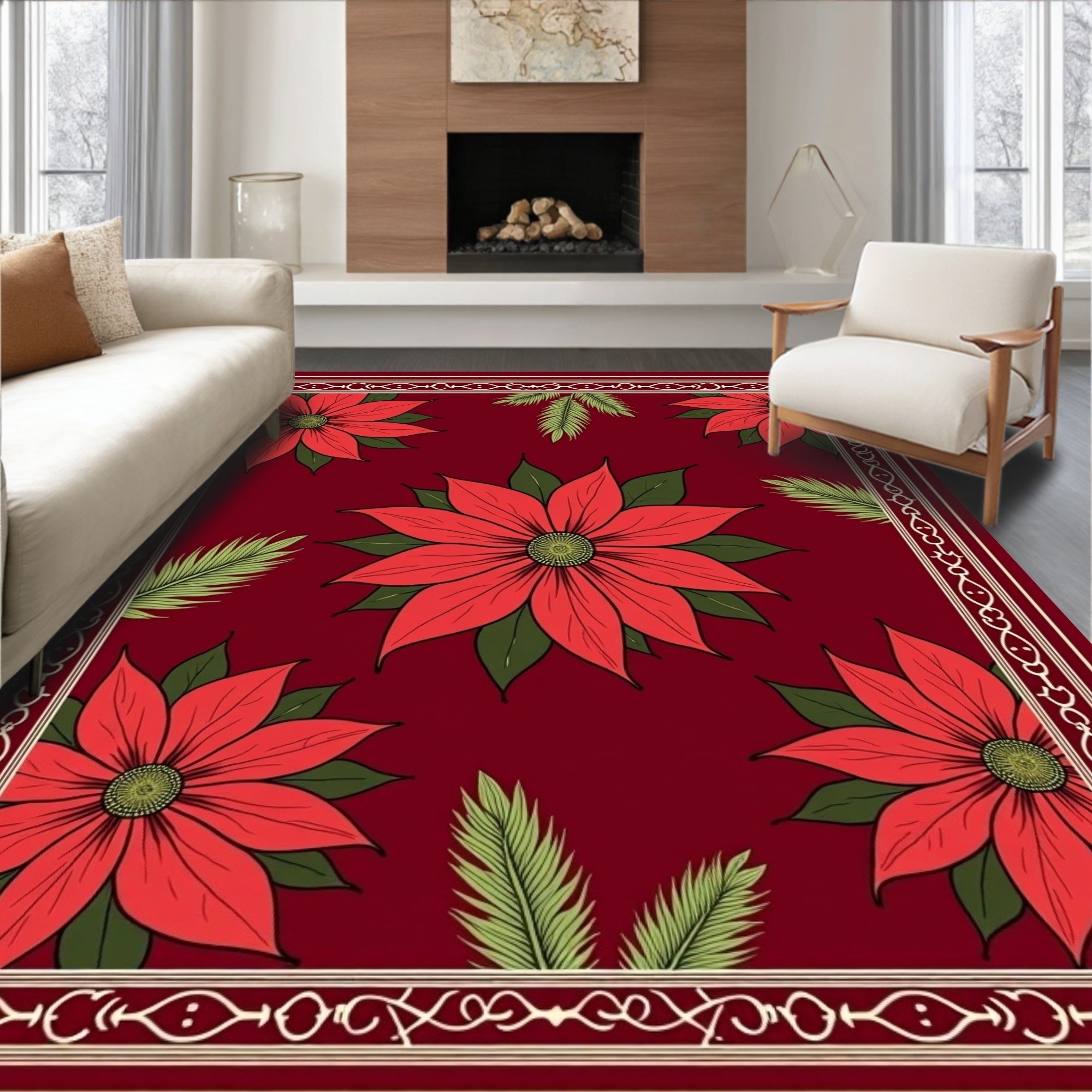Vibrant Red Floral Bordered Poinsettias Rug