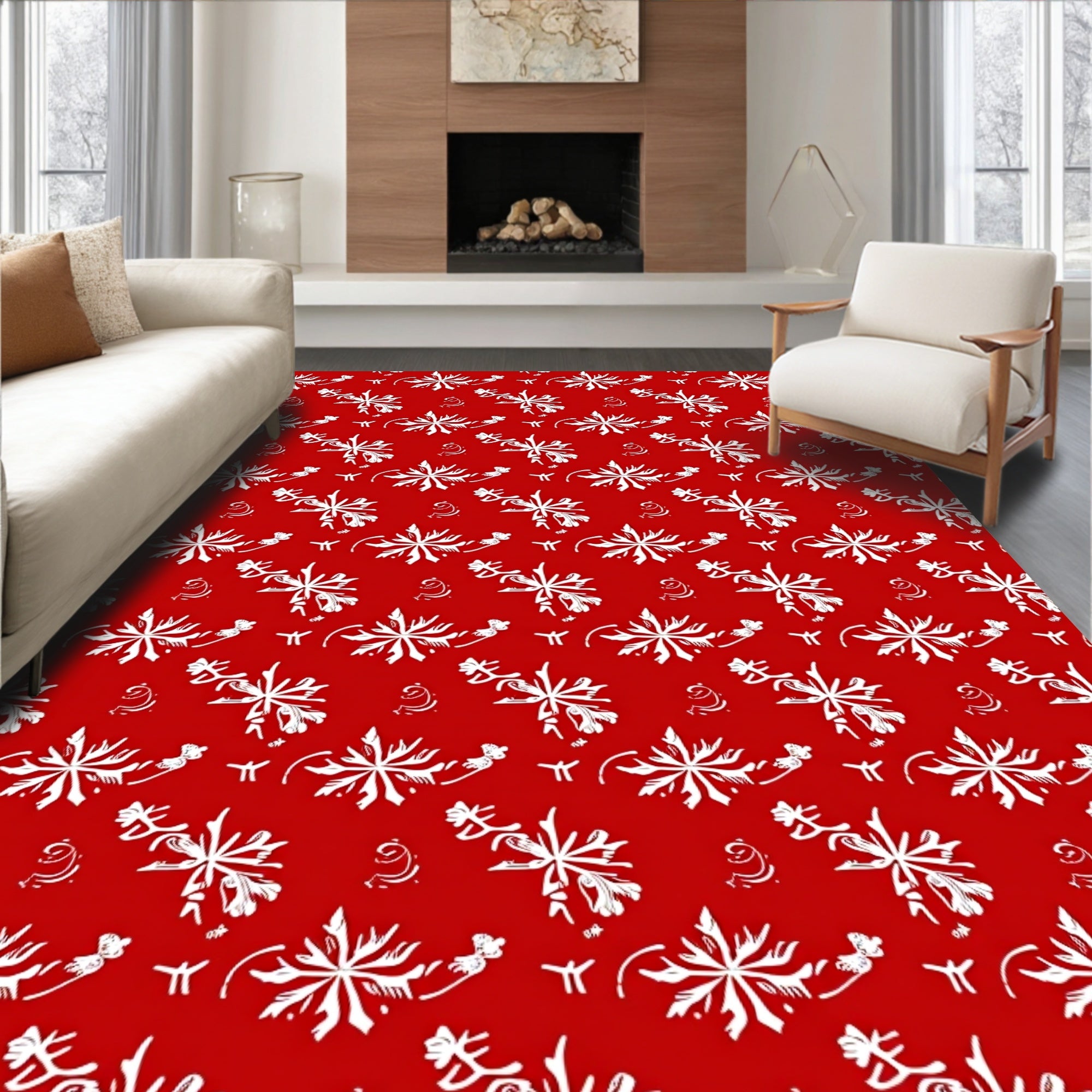 Vibrant Red White Floral Swirl Rug