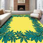 Teal Leaf Border Yellow Oval Rug
