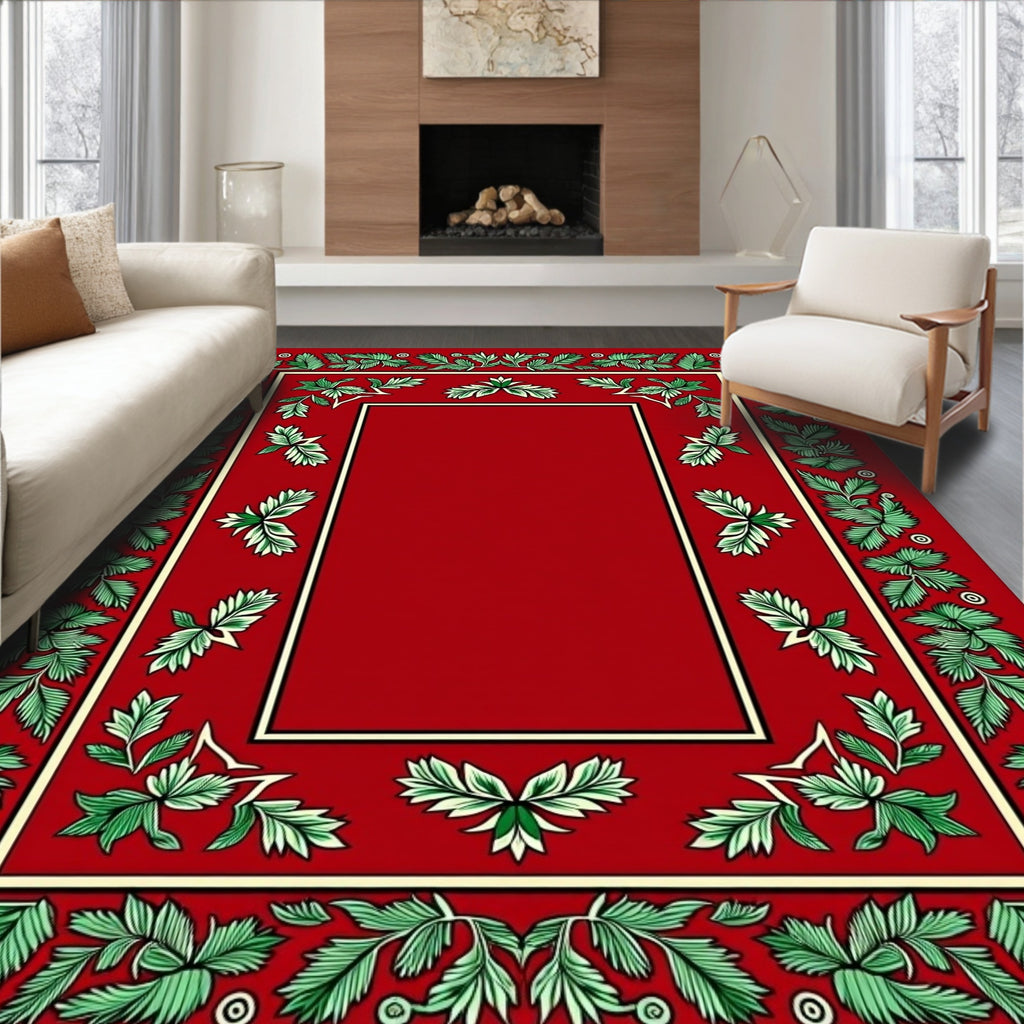 Crimson Bordered Green Leaf Medallion Rug