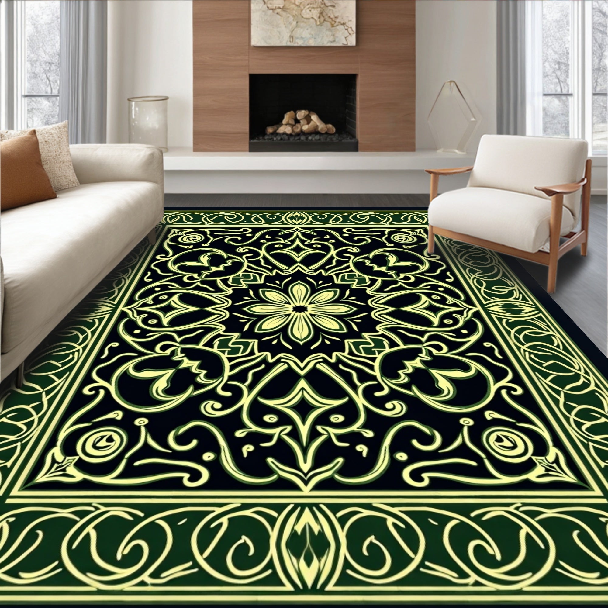Emerald Green Floral Medallion Border Rug