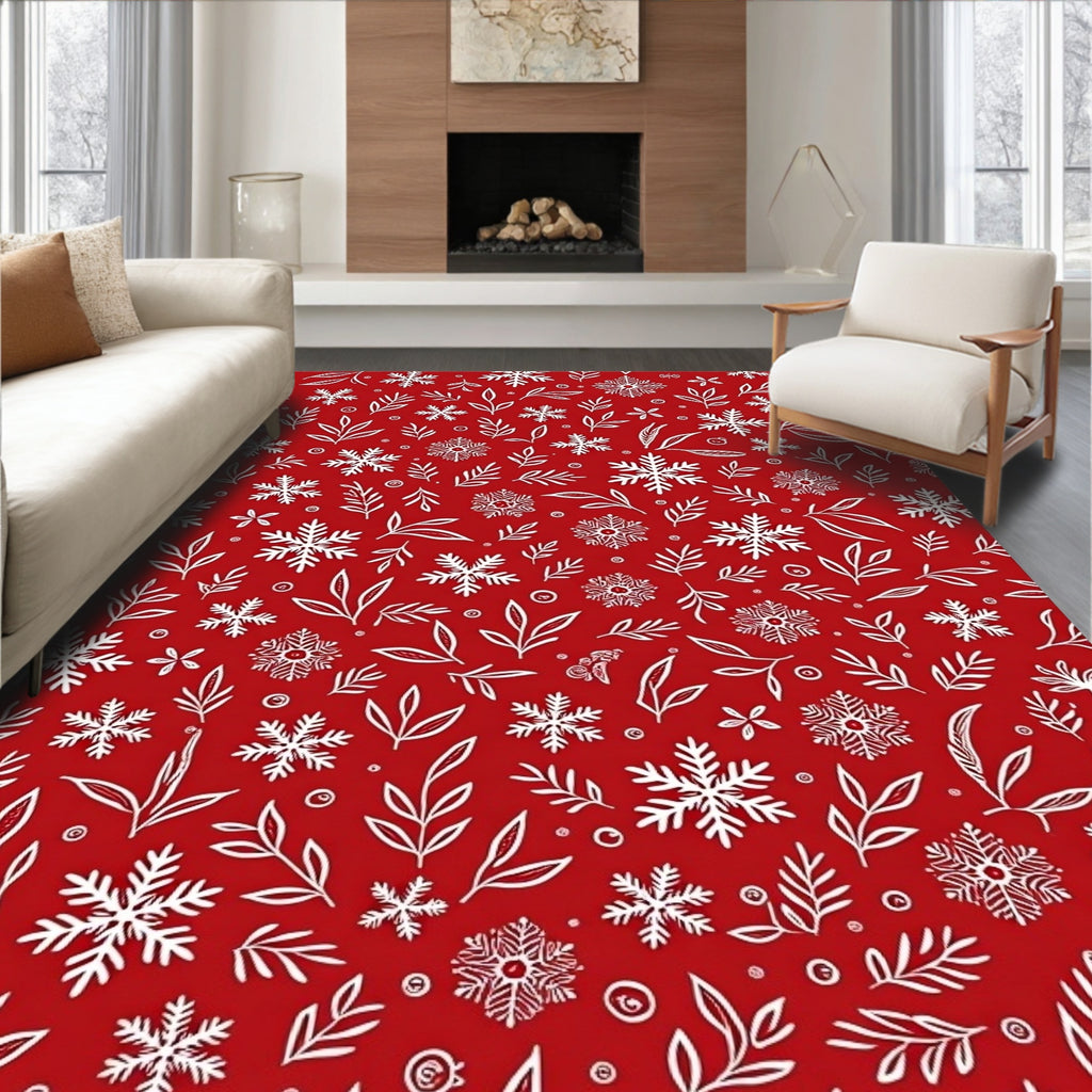 Red White Snowflake Botanical Scatter Rug