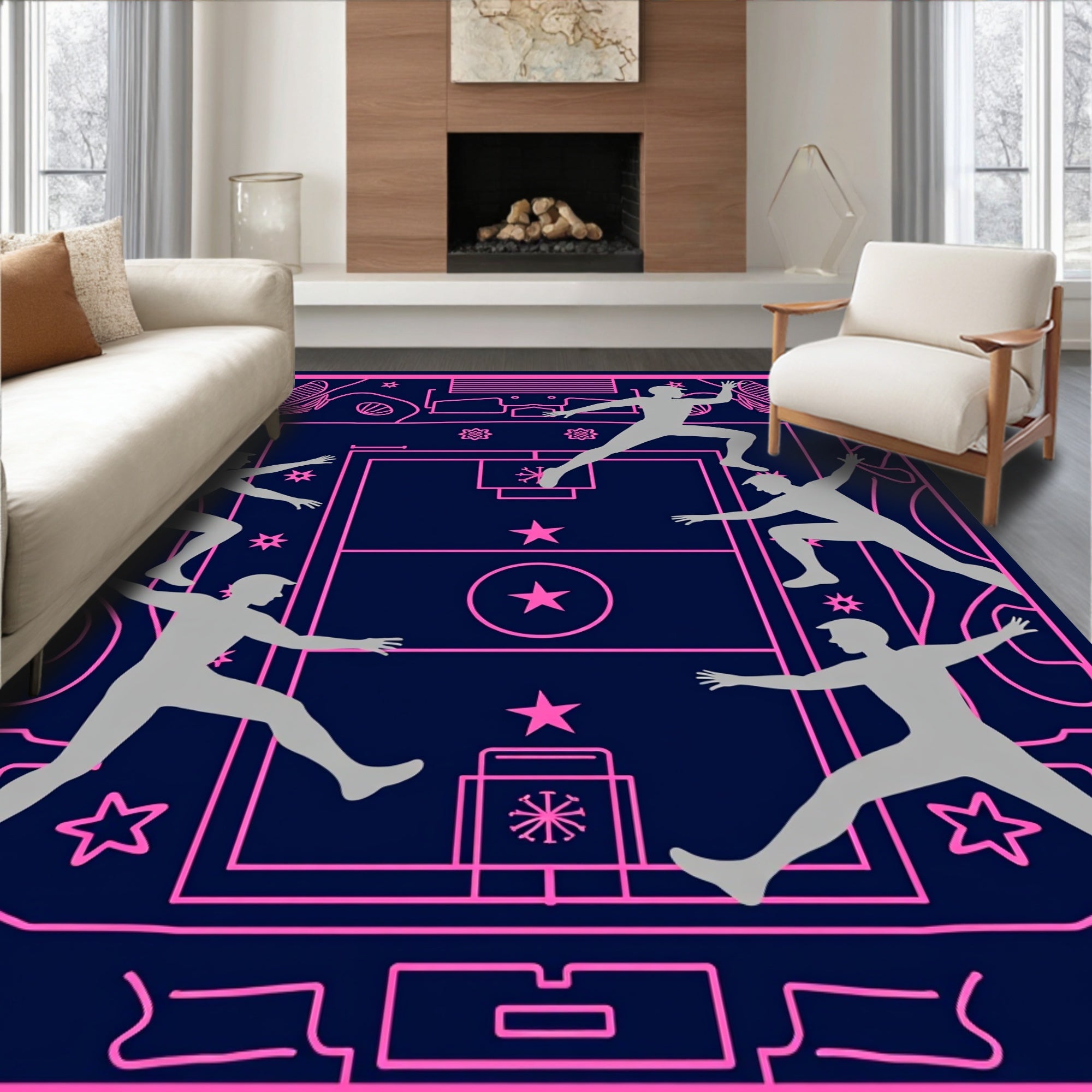 Pink Navy Silhouette Figures Athletic Rug