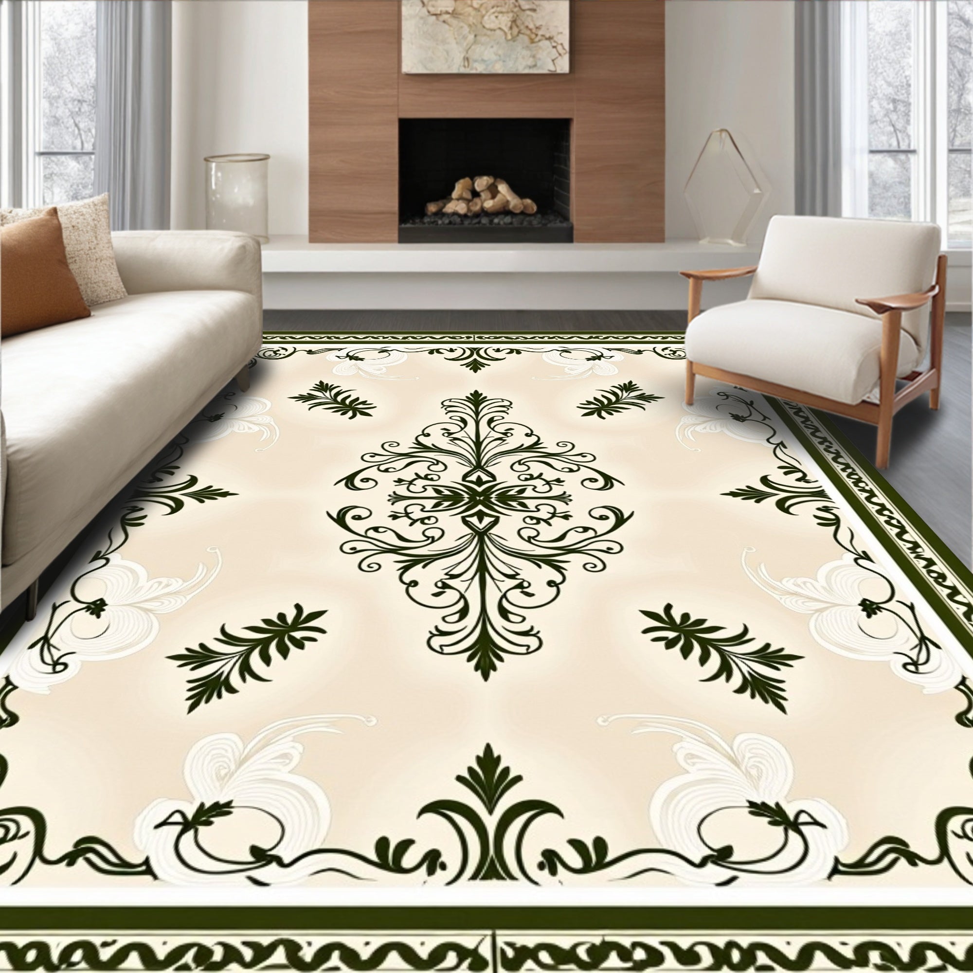 Emerald Green Damask Floral Ornament Rug