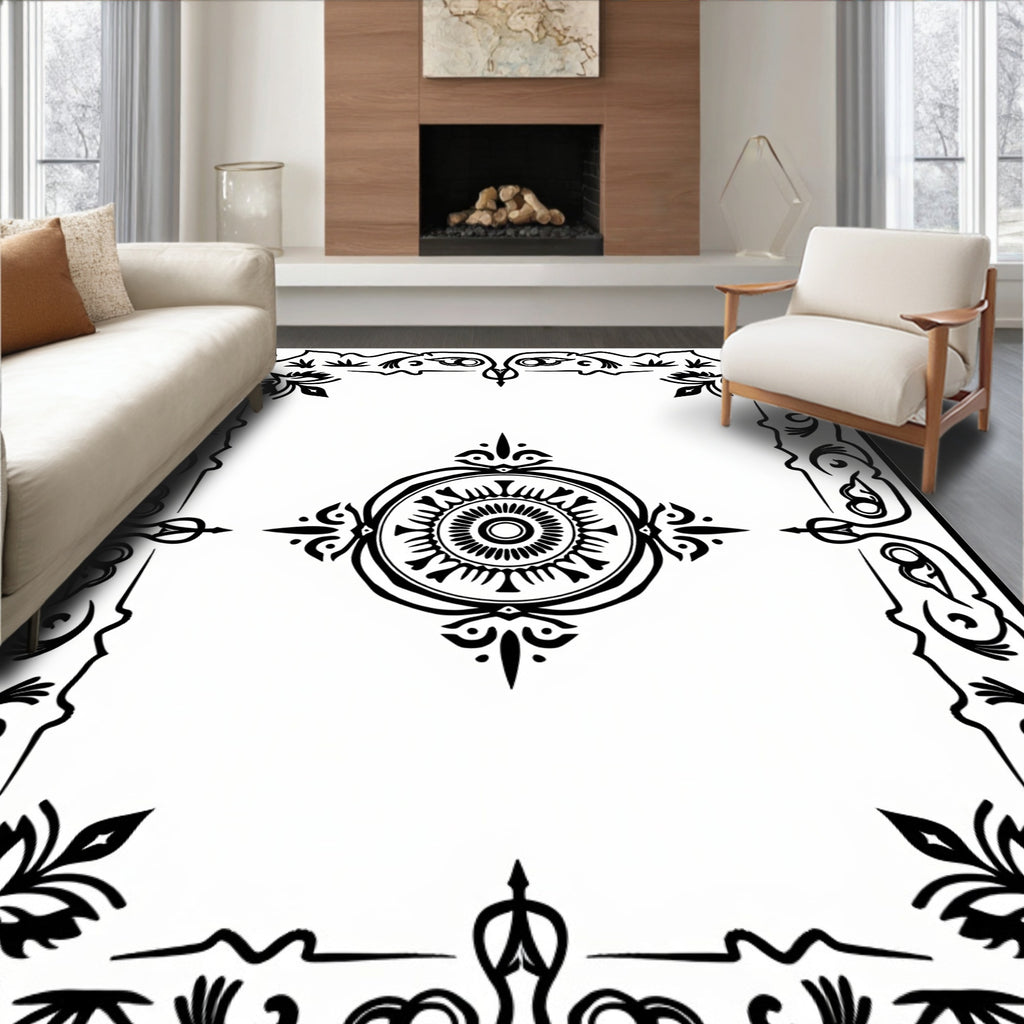 Bold Black Mandala Border Emblem Rug