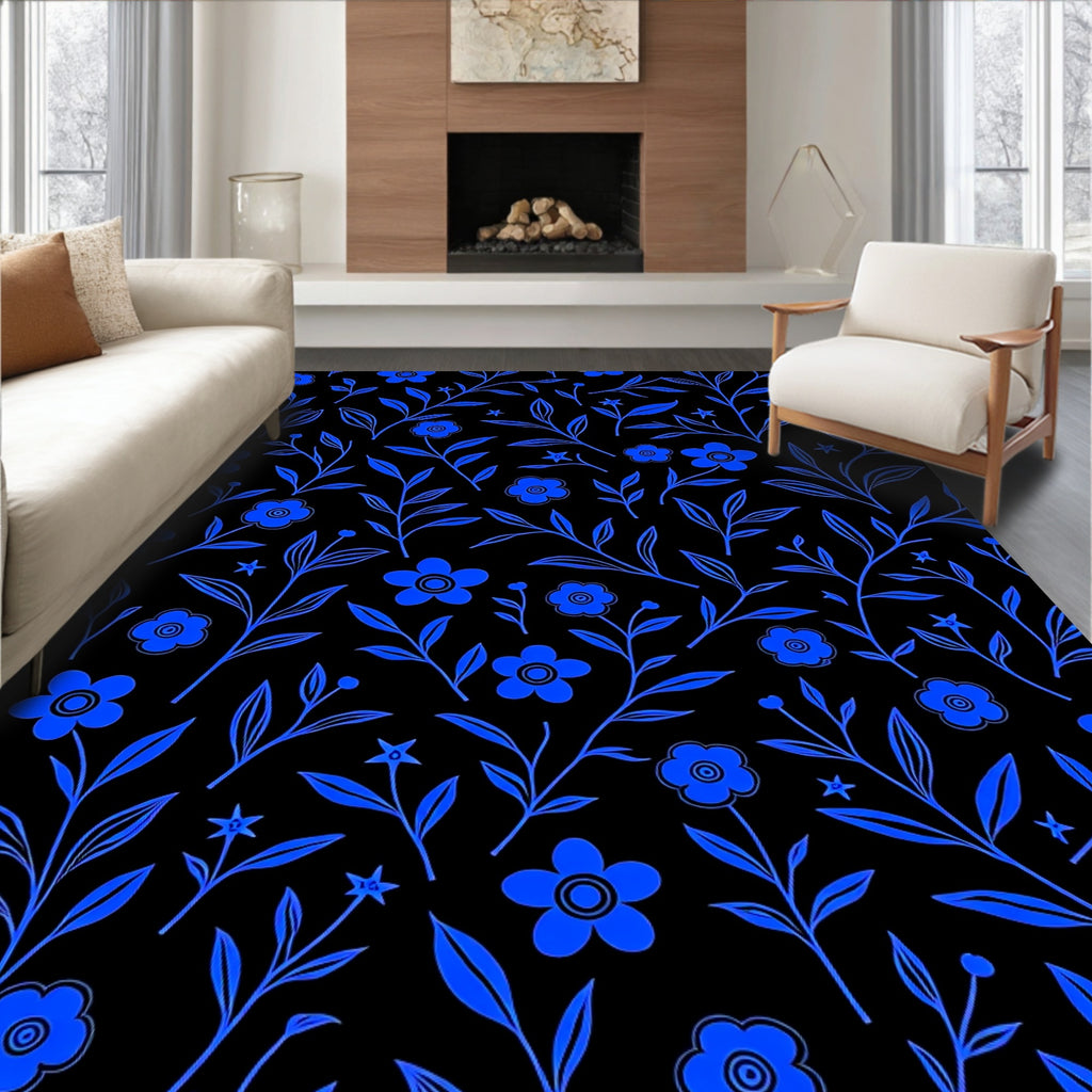 Bold Blue Floral Vine Outline Rug