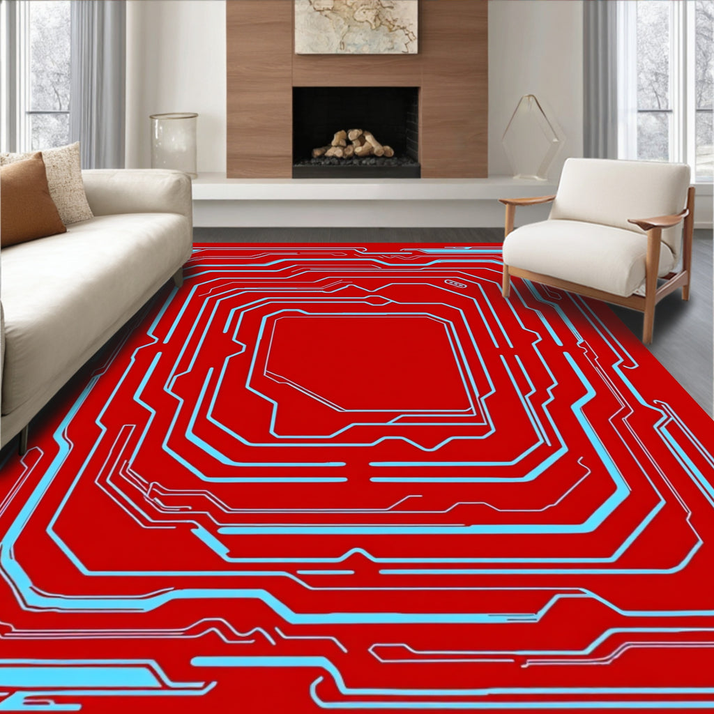 Red Circuit Board Abstract Lines Rug