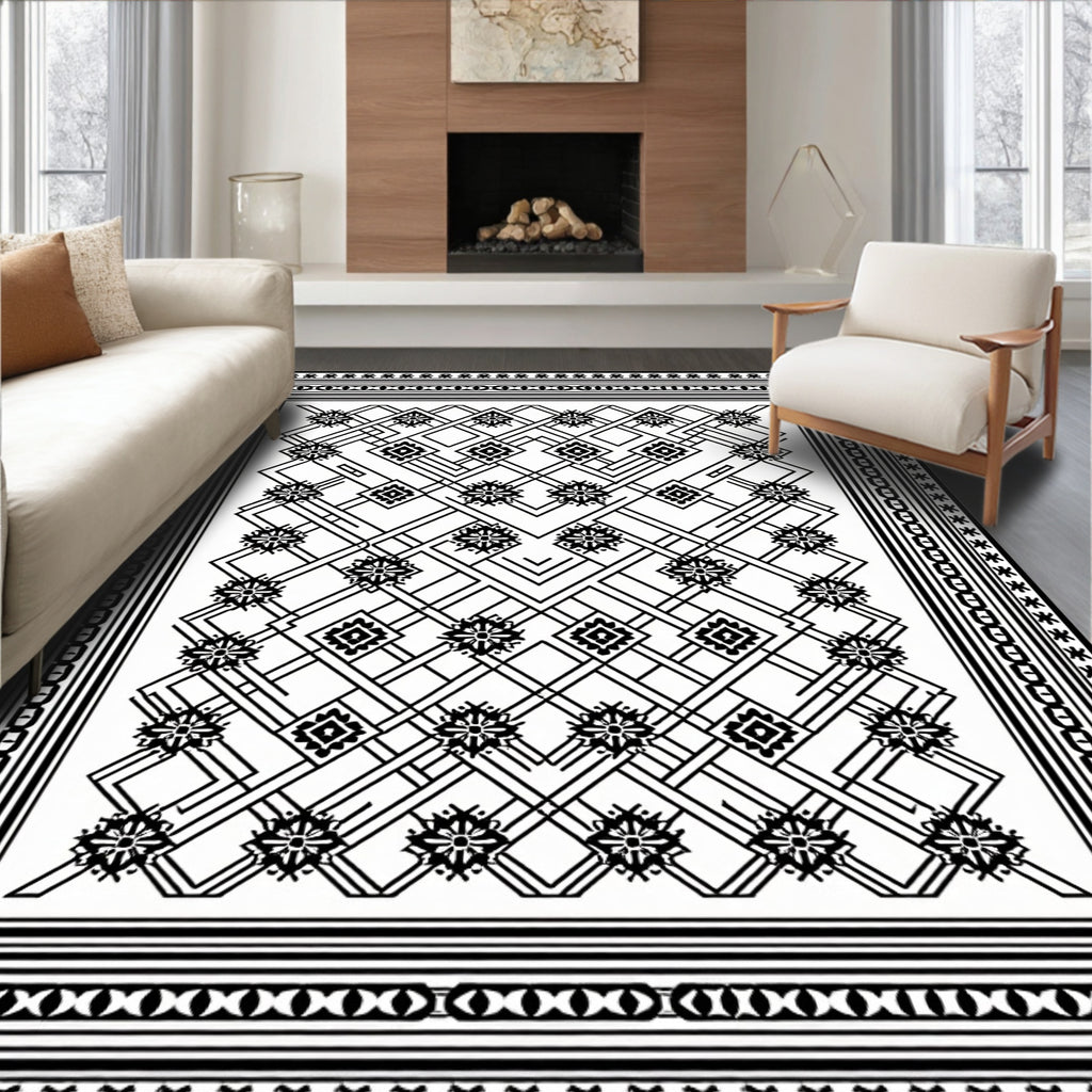 Bold Black Geometric Interlocking Stars Rug