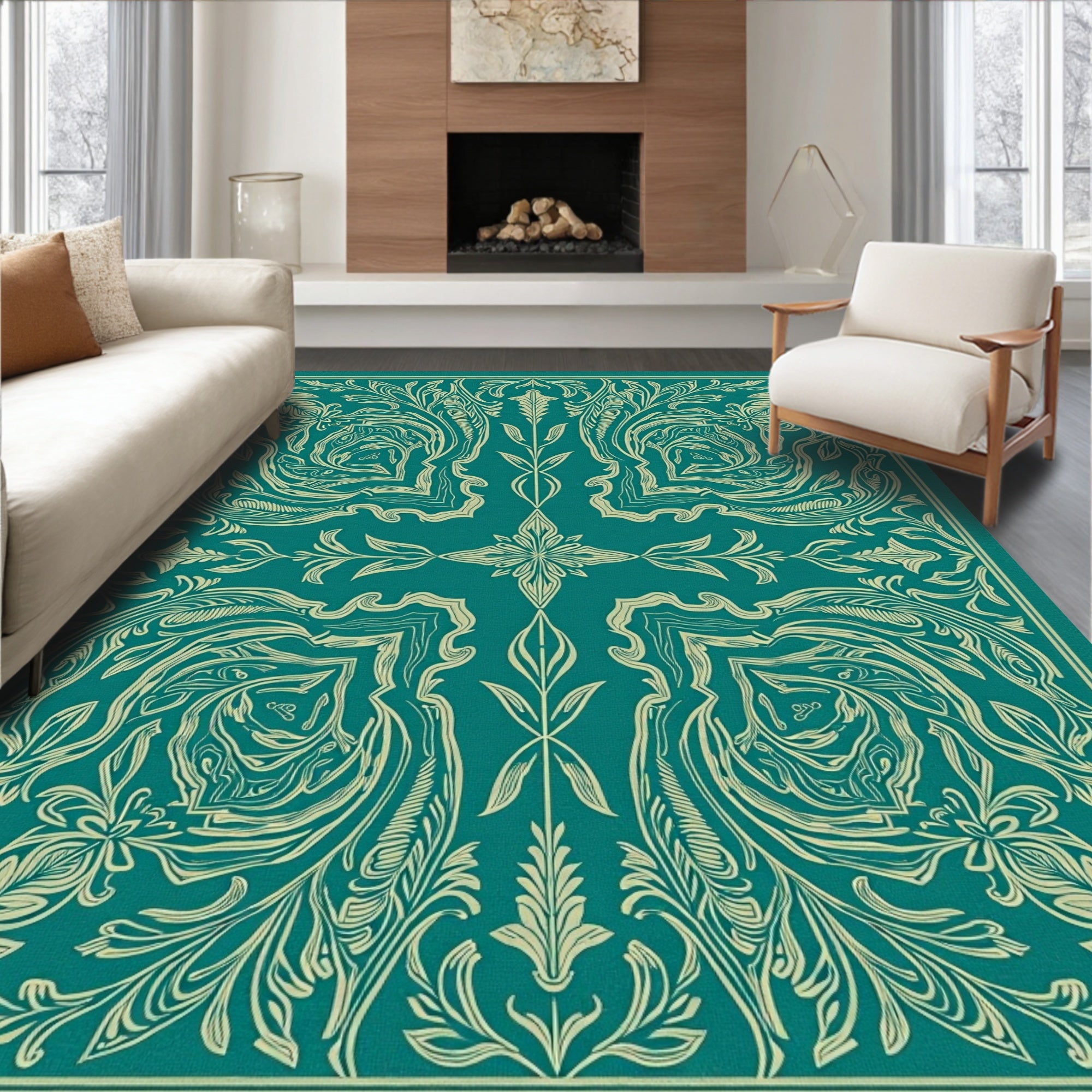 Teal Vintage Botanical Scroll Rug