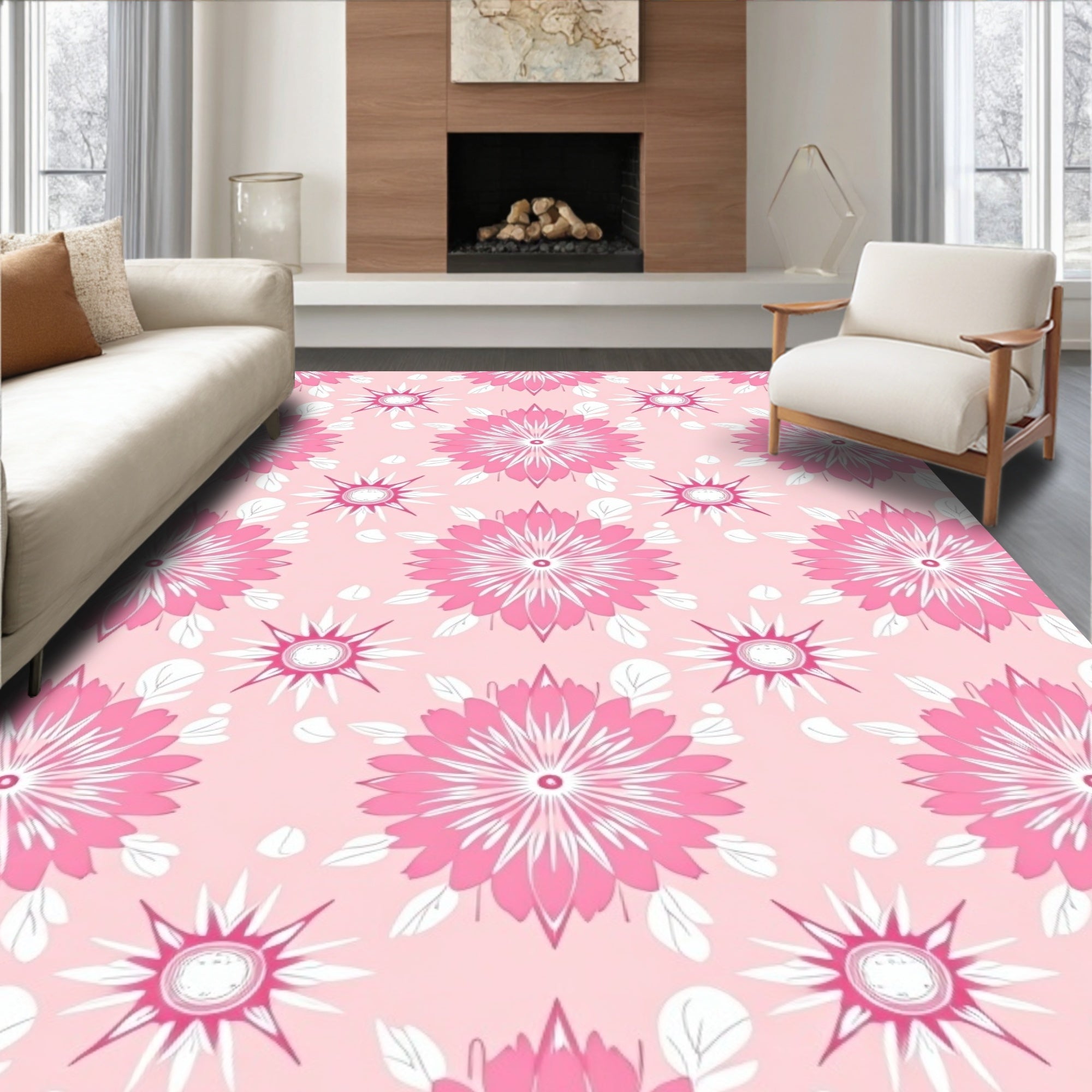 Pink Floral Starburst Mandala Rug