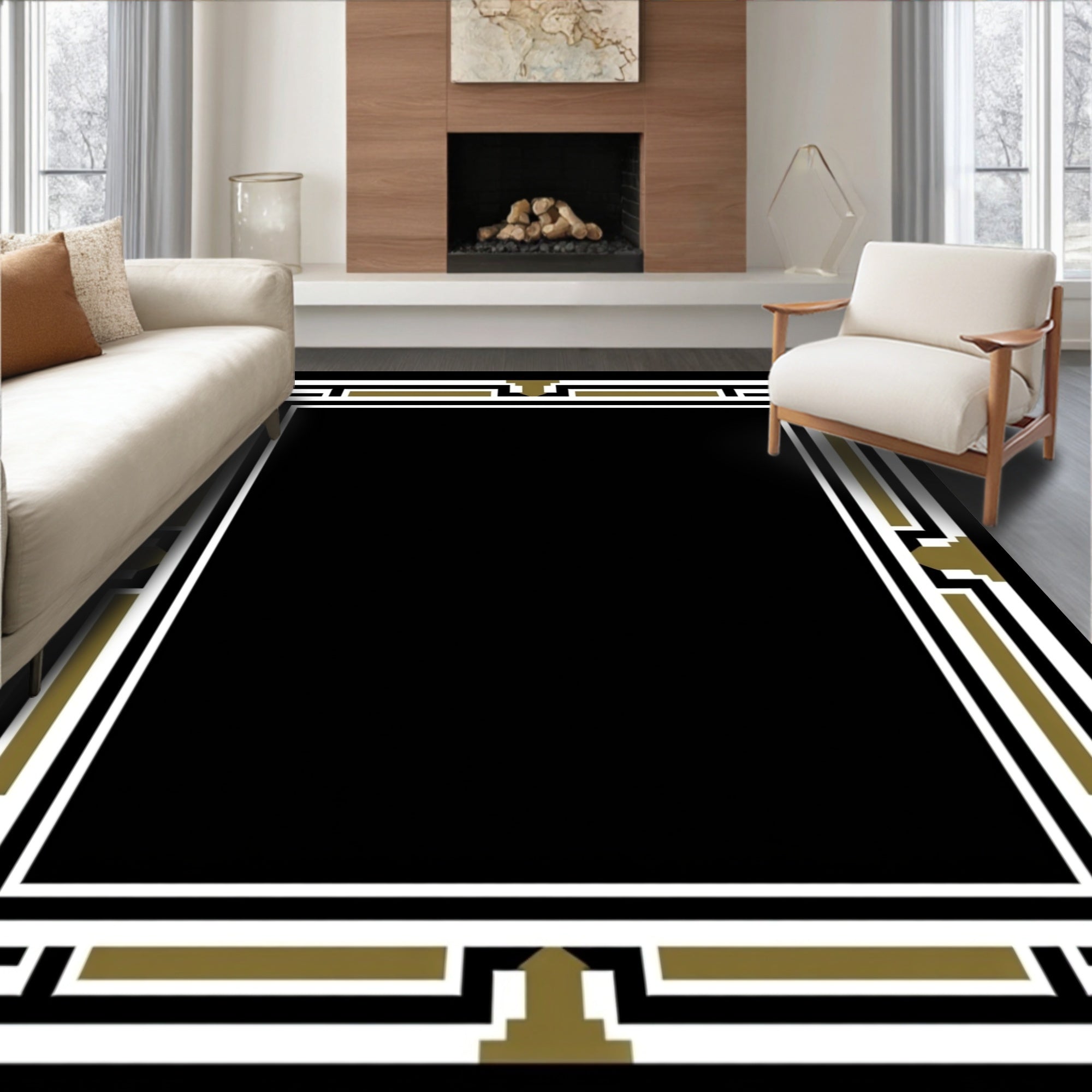 Contemporary Black White Gold Border Rug